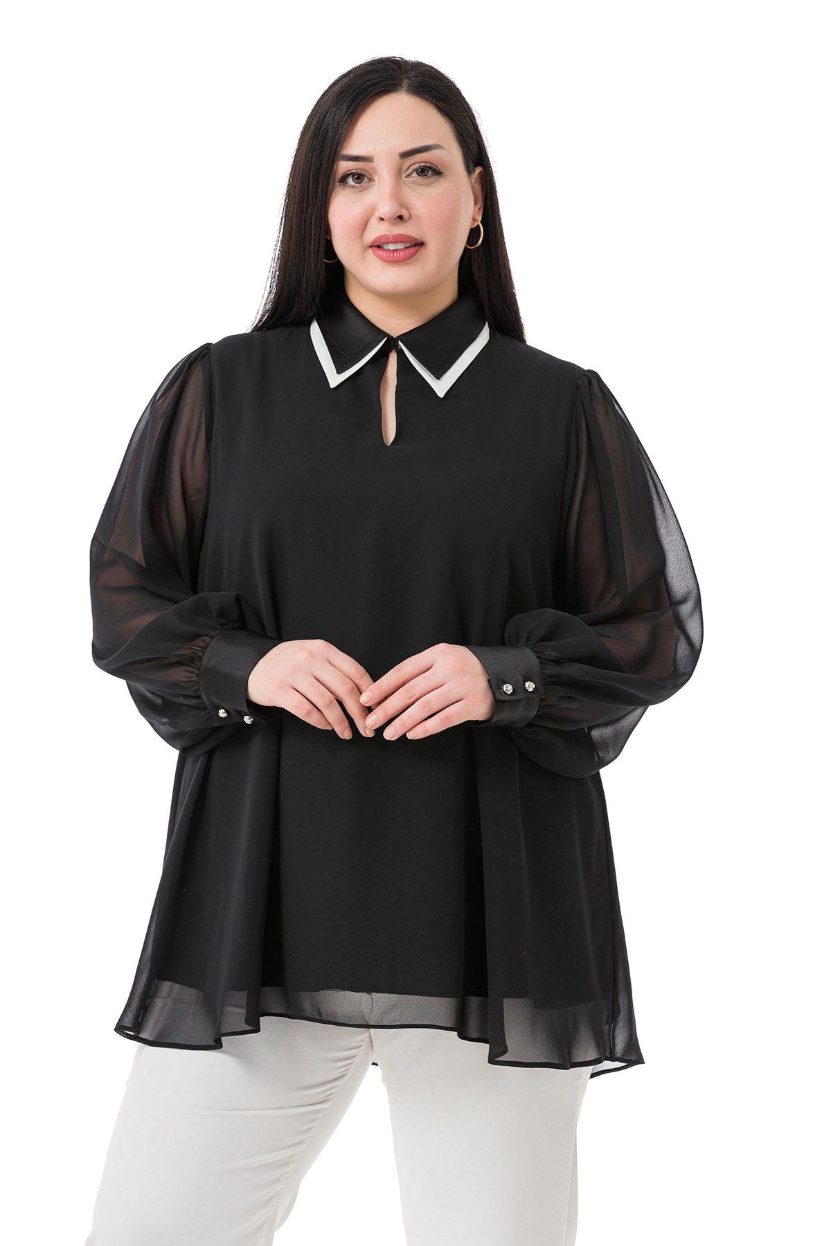 Büyük Beden Yakası Çift Kat Şifon Astarlı Siyah Bluz