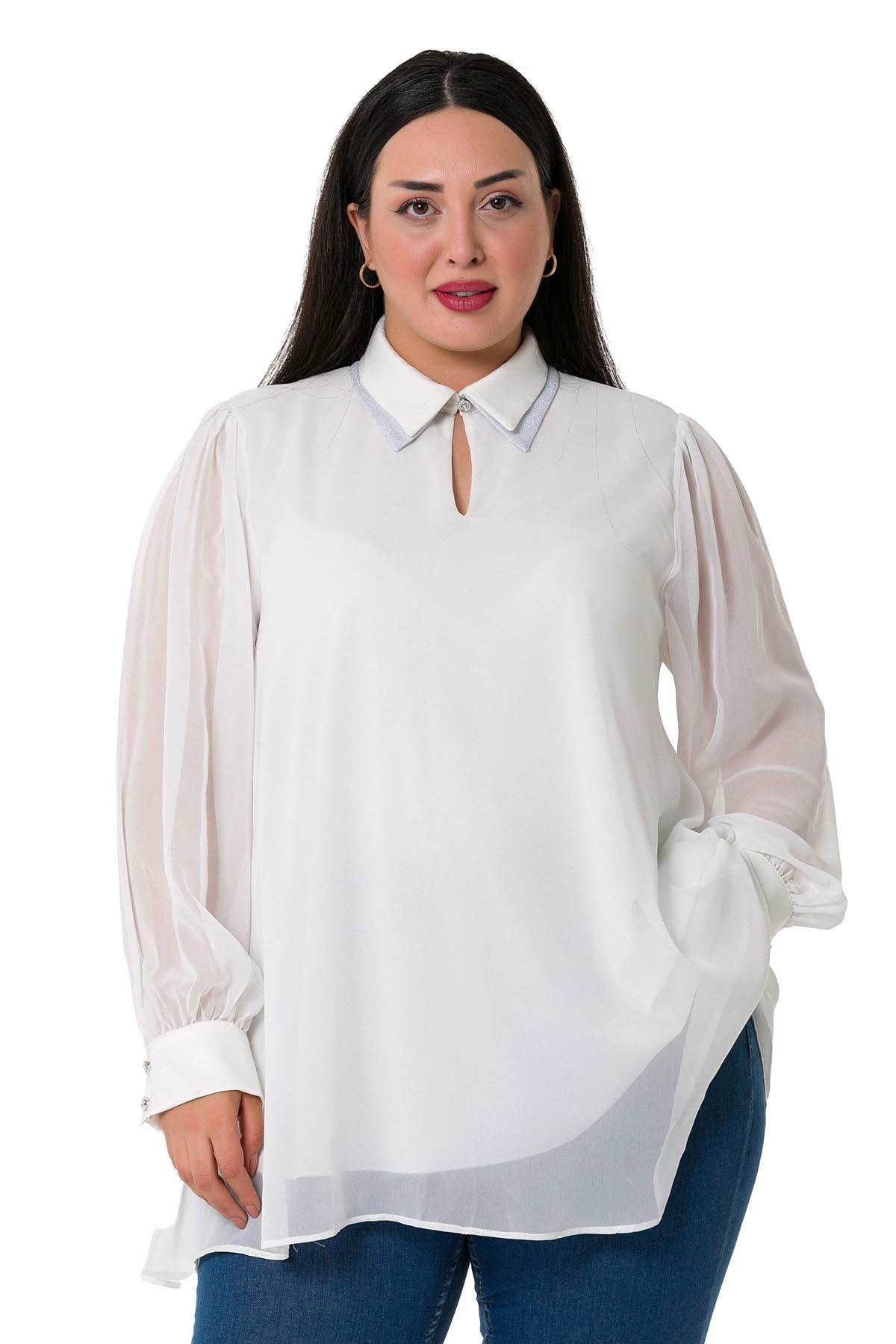 Büyük Beden Yakası Çift Kat Şifon Astarlı Beyaz Bluz