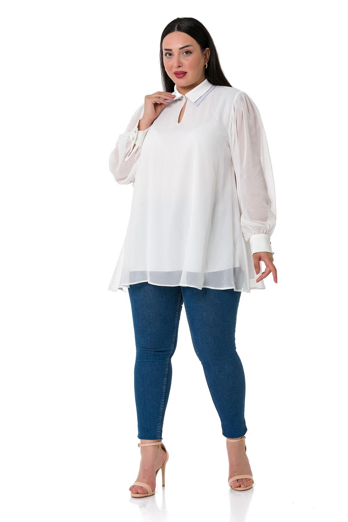 Büyük Beden Yakası Çift Kat Şifon Astarlı Beyaz Bluz