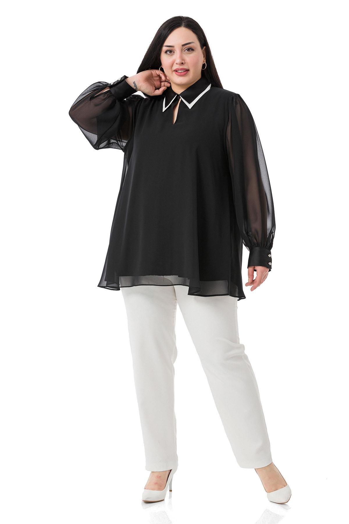 Büyük Beden Yakası Çift Kat Şifon Astarlı Siyah Bluz
