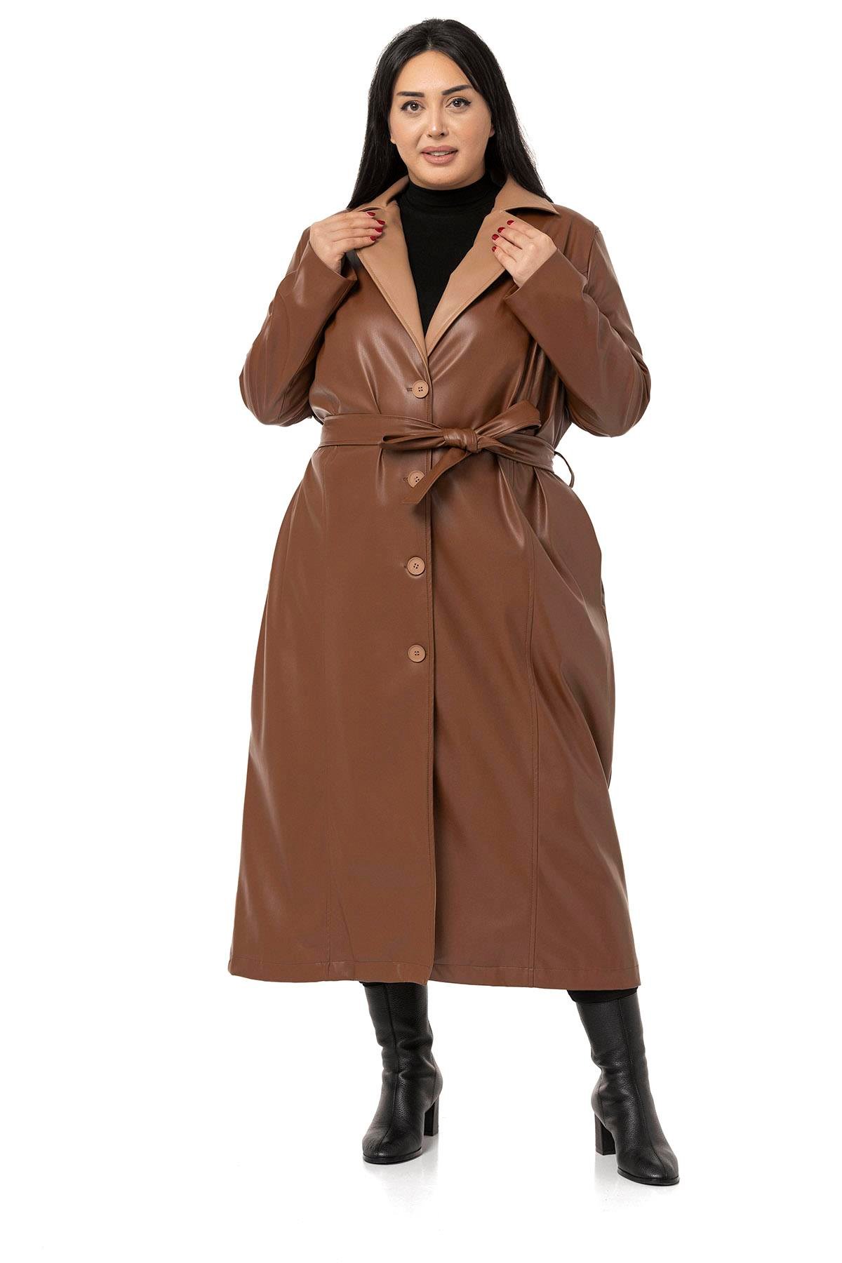 DISENTIS, DISENTIS MODEST, BÜYÜK BEDEN, KABAN, BÜYÜK BEDEN KABAN, PALTO,BIG SIZEDISENTIS MODESTBüyük Beden Yakası Garnili Yandan Cepli Astarlı Deri Kahverengi Uzun Kaban