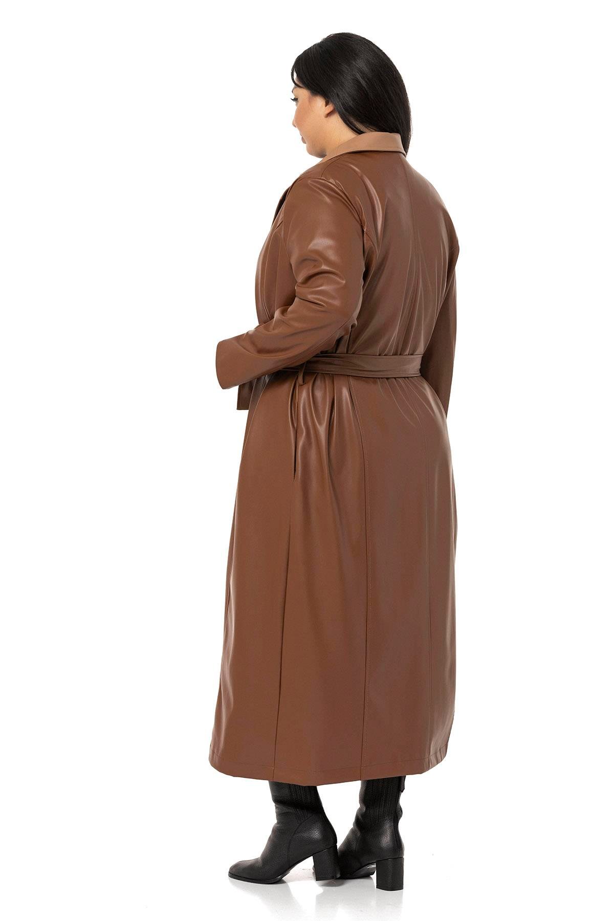 DISENTIS, DISENTIS MODEST, BÜYÜK BEDEN, KABAN, BÜYÜK BEDEN KABAN, PALTO,BIG SIZEDISENTIS MODESTBüyük Beden Yakası Garnili Yandan Cepli Astarlı Deri Kahverengi Uzun Kaban