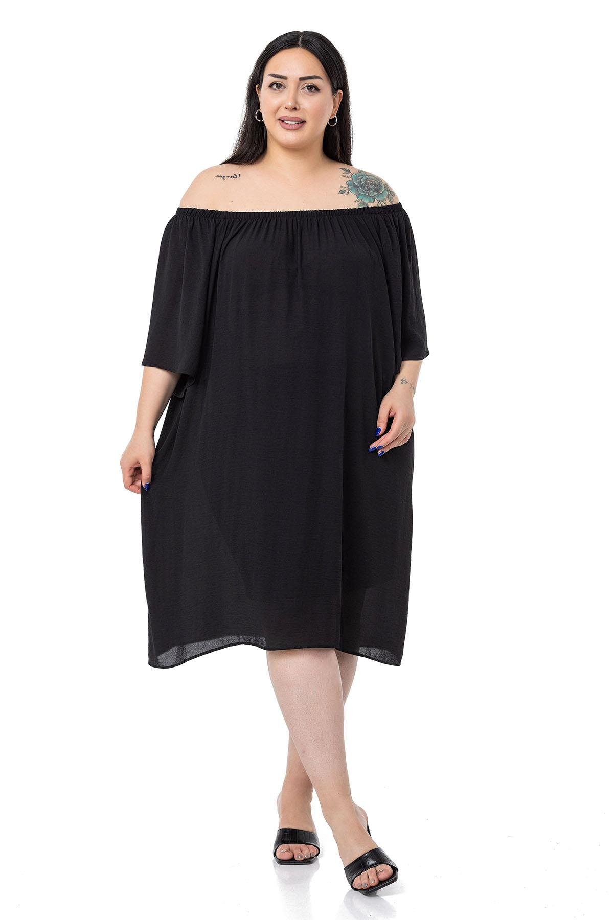 DISENTIS MODETS GENC BUYUK BEDEN ASTARLI ELBISEDISENTIS MODESTBüyük Beden Yakası Lastikli Geniş Kollu Astarlı Siyah Elbise