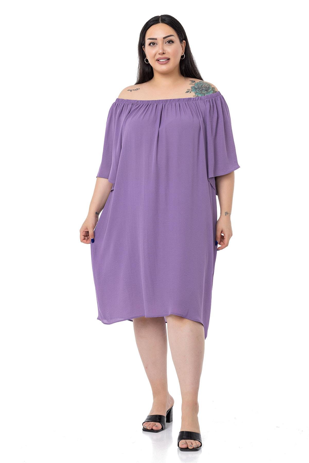 DISENTIS MODETS GENC BUYUK BEDEN ASTARLI ELBISEDISENTIS MODESTBüyük Beden Yakası Lastikli Geniş Kollu Astarlı Lila Elbise