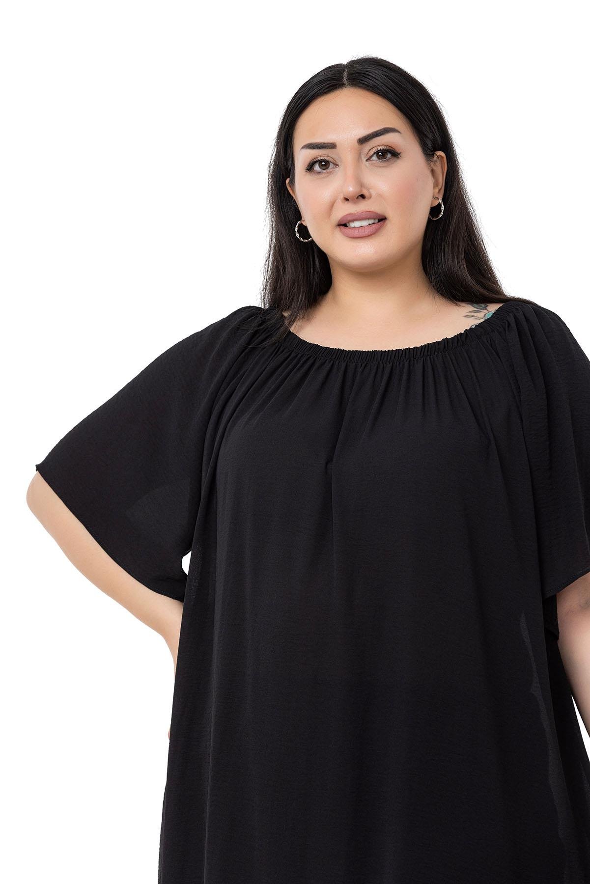 DISENTIS MODETS GENC BUYUK BEDEN ASTARLI ELBISEDISENTIS MODESTBüyük Beden Yakası Lastikli Geniş Kollu Astarlı Siyah Elbise