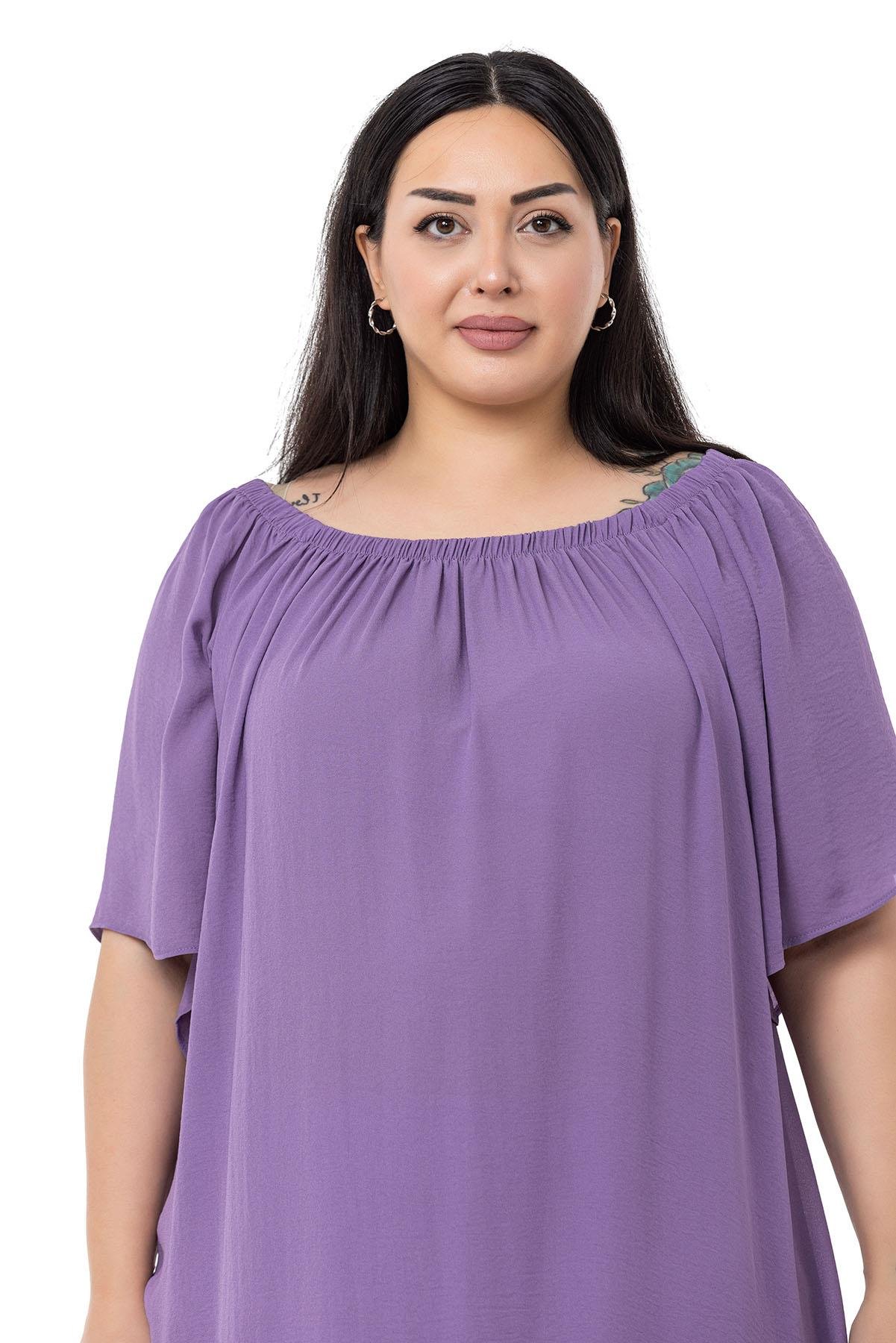 DISENTIS MODETS GENC BUYUK BEDEN ASTARLI ELBISEDISENTIS MODESTBüyük Beden Yakası Lastikli Geniş Kollu Astarlı Lila Elbise