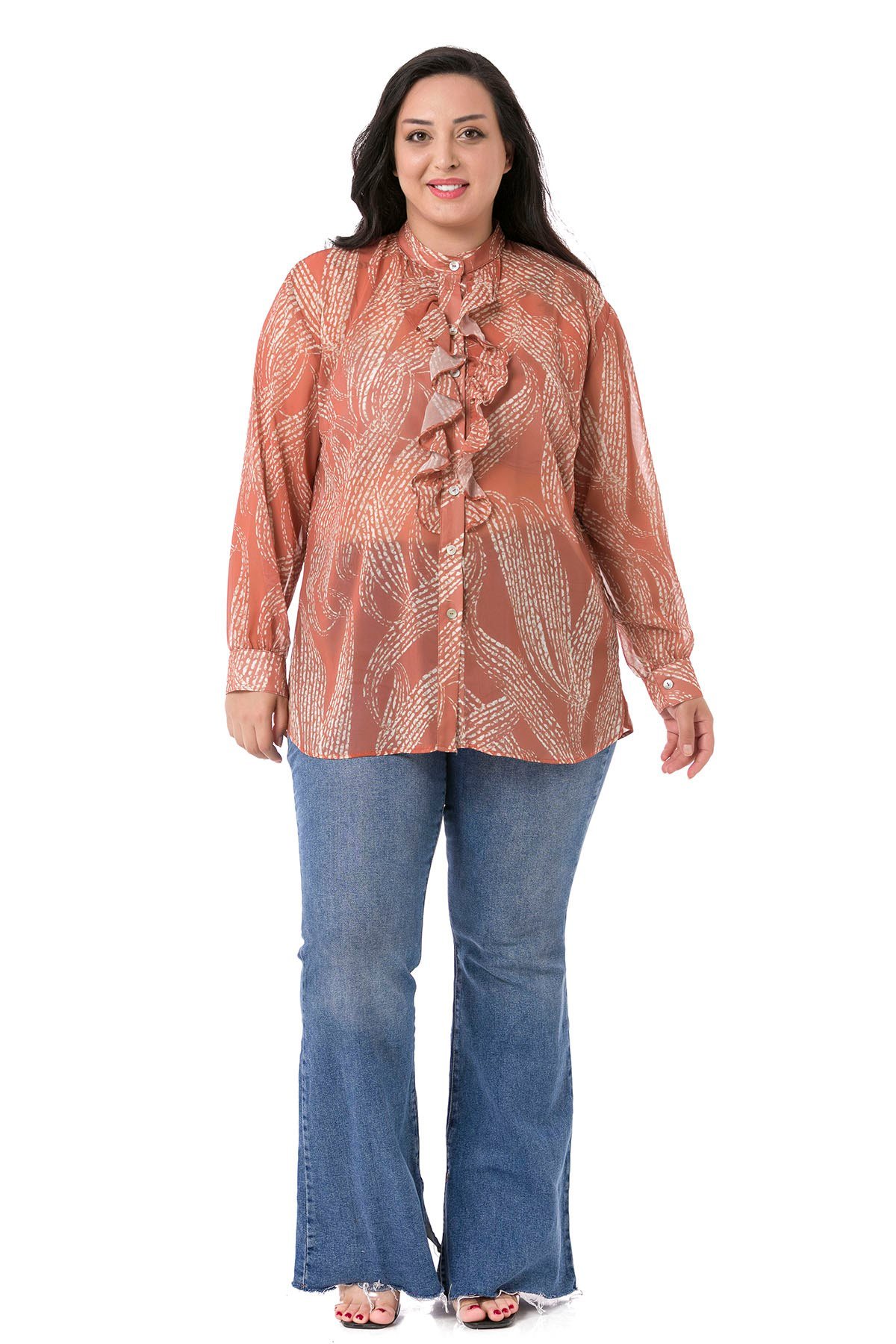 Büyük Beden Yakası Volanlı Manşetli Şifon Kiremit Rengi Gömlek