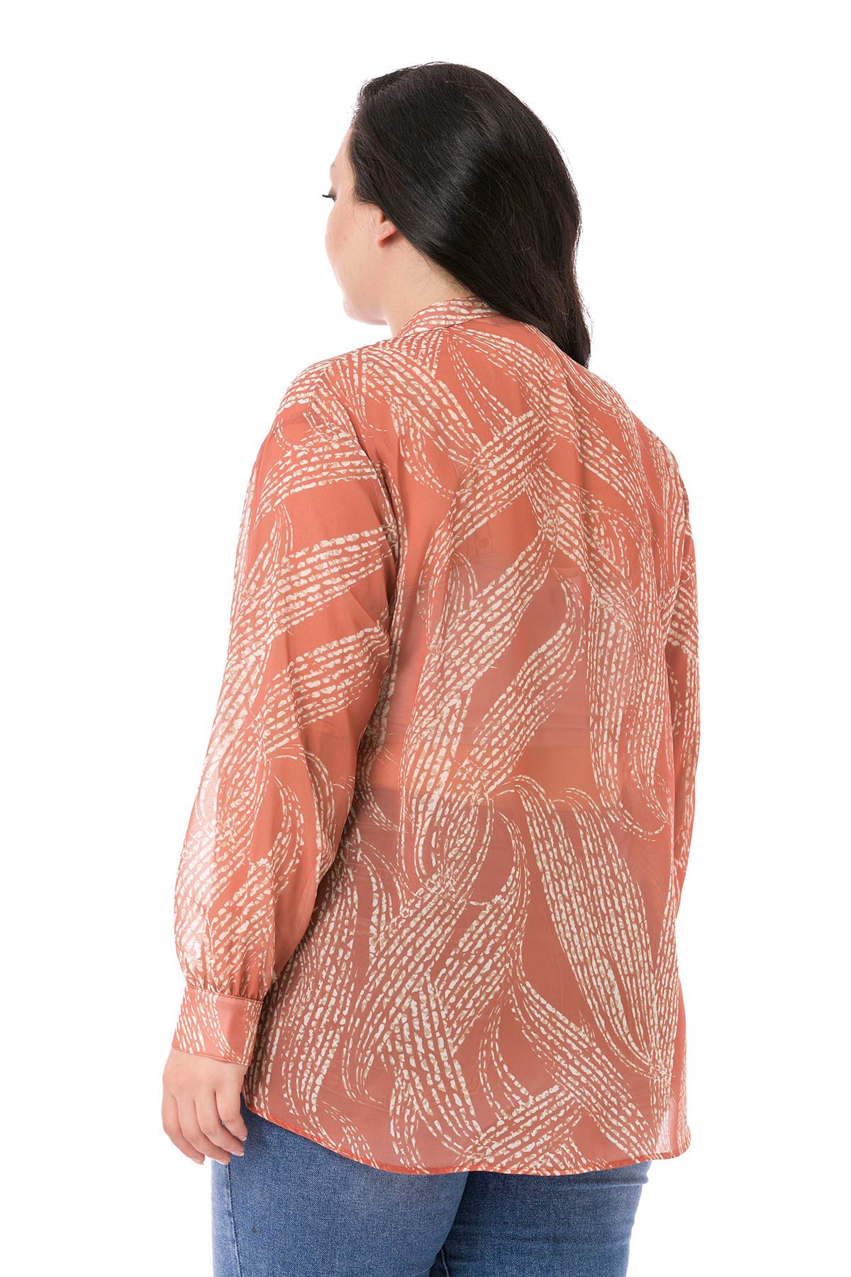 Büyük Beden Yakası Volanlı Manşetli Şifon Kiremit Rengi Gömlek