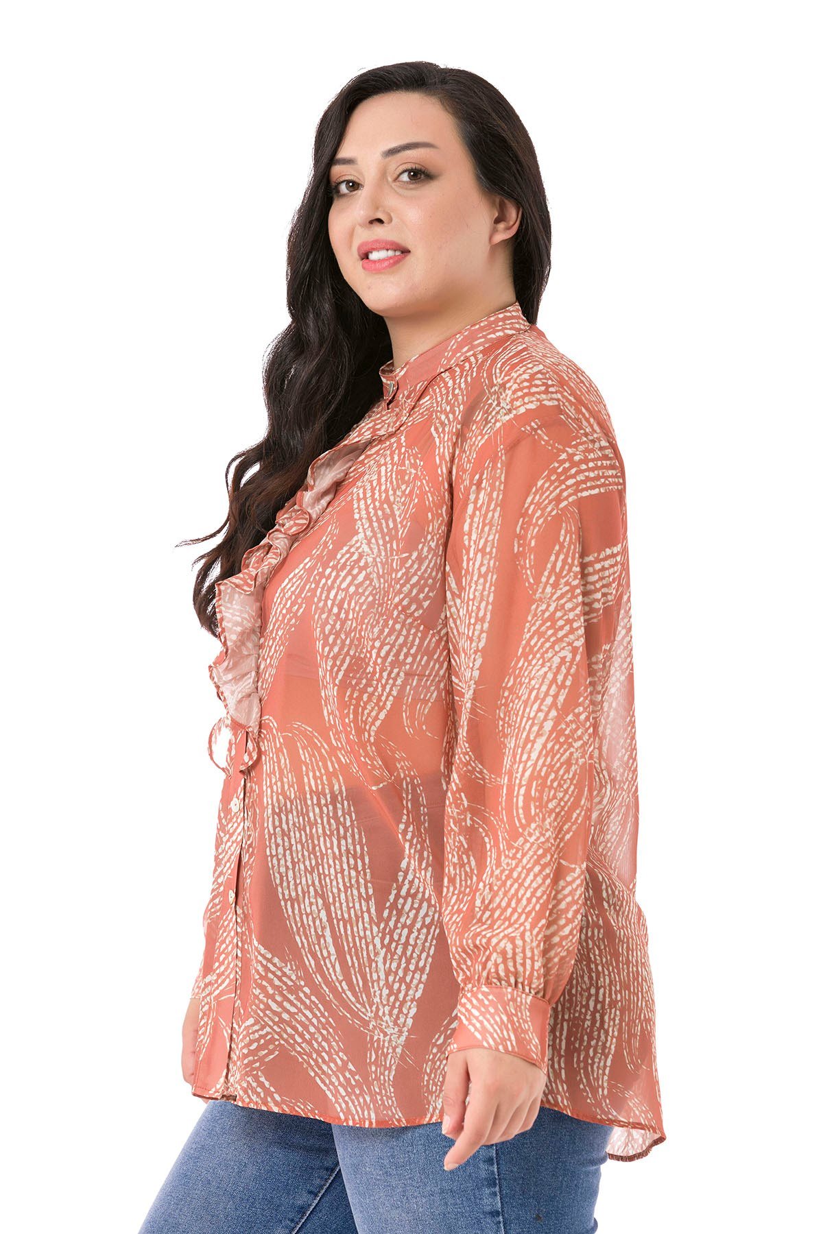 Büyük Beden Yakası Volanlı Manşetli Şifon Kiremit Rengi Gömlek