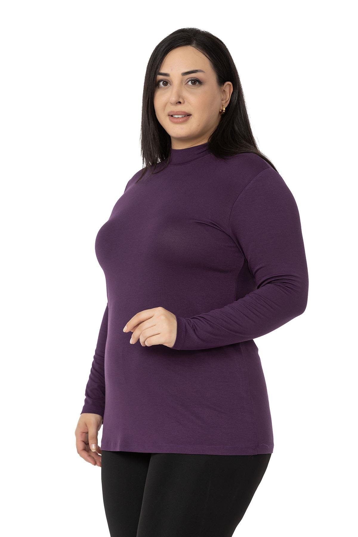 Büyük Beden Yarım Balıkçı Uzun Kollu Viskon Mürdüm Body