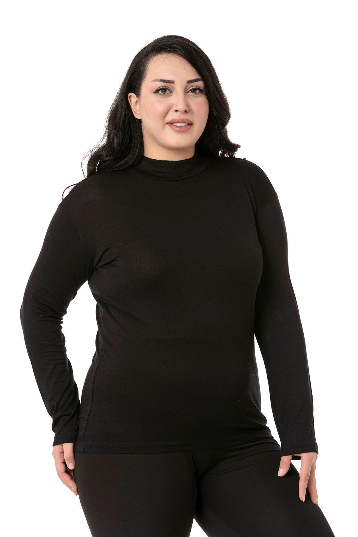 Büyük Beden Yarım Balıkçı Uzun Kollu Viskon Siyah Body