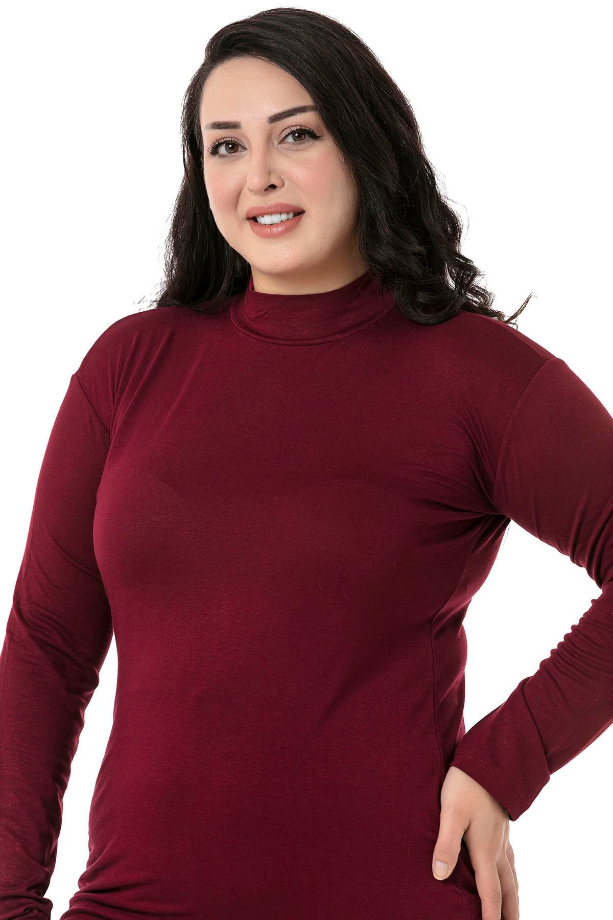 Büyük Beden Yarım Balıkçı Uzun Kollu Viskon Bordo Body
