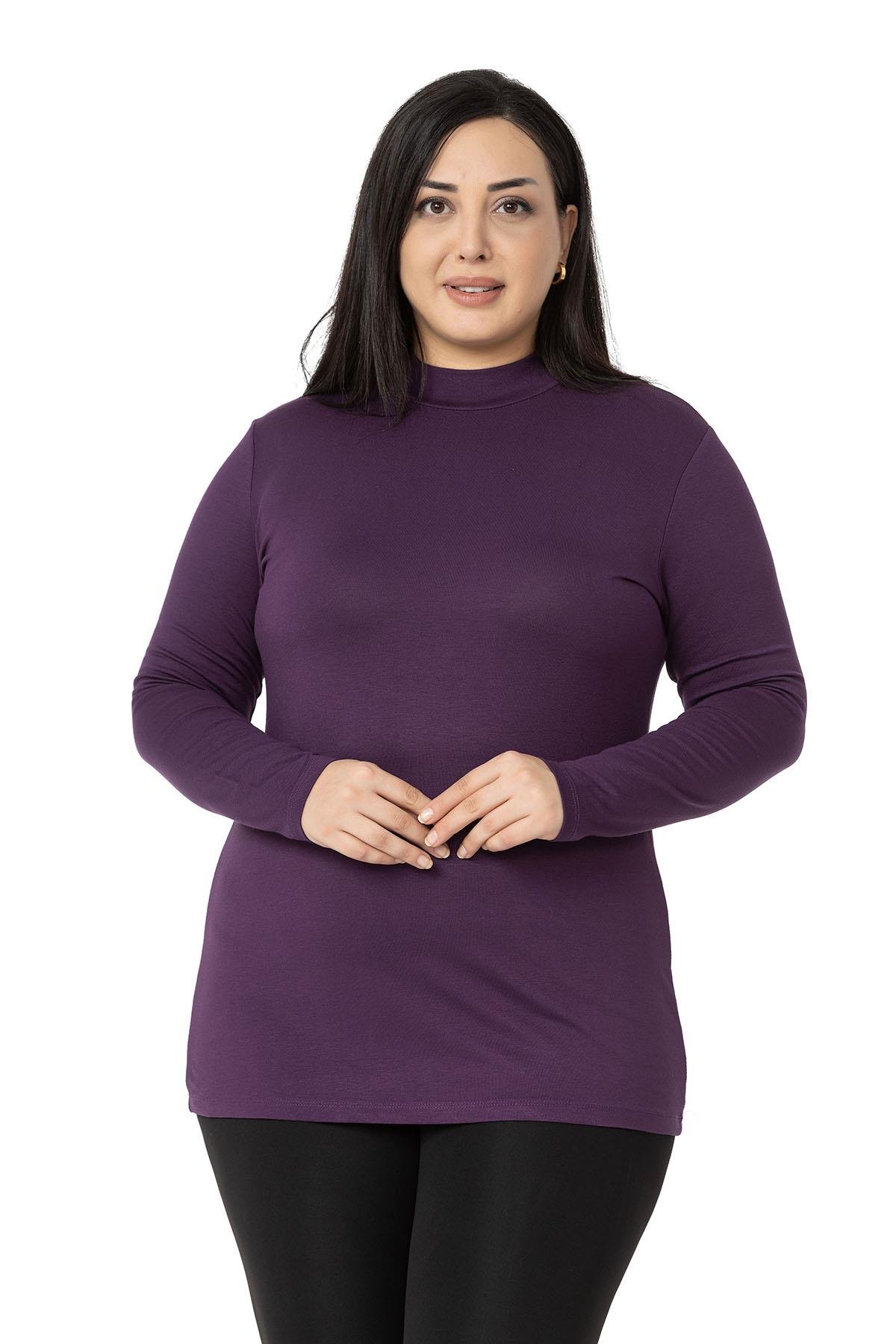 Büyük Beden Yarım Balıkçı Uzun Kollu Viskon Mürdüm Body
