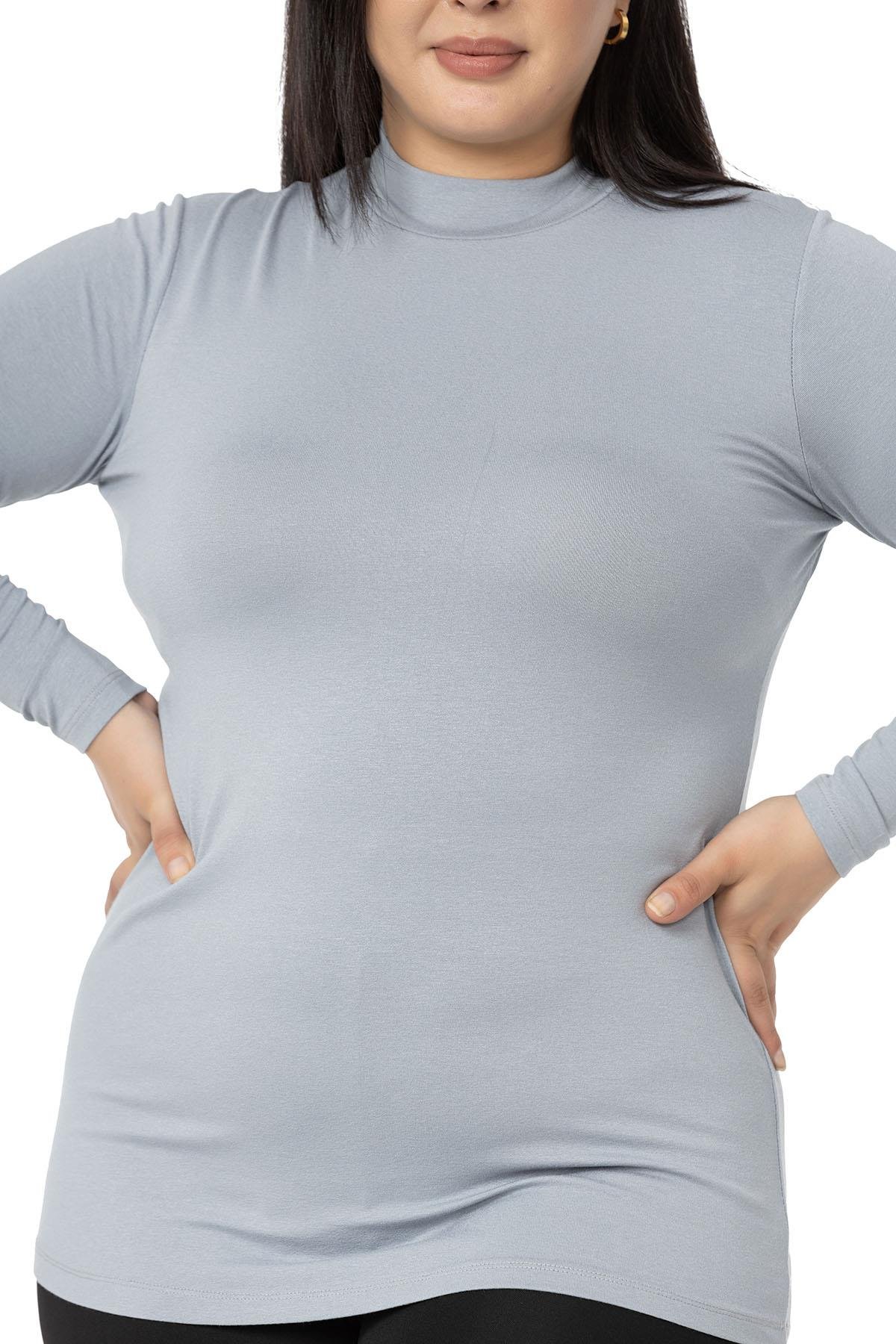 Büyük Beden Yarım Balıkçı Uzun Kollu Viskon Açık Gri Body