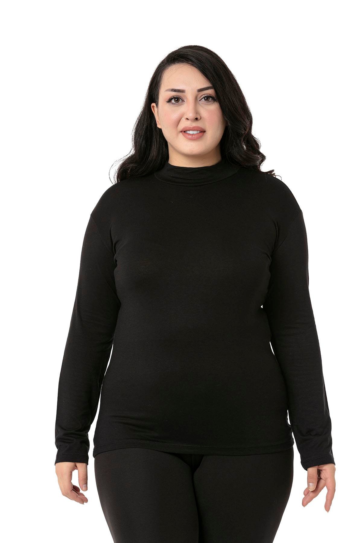 Büyük Beden Yarım Balıkçı Uzun Kollu Viskon Siyah Body