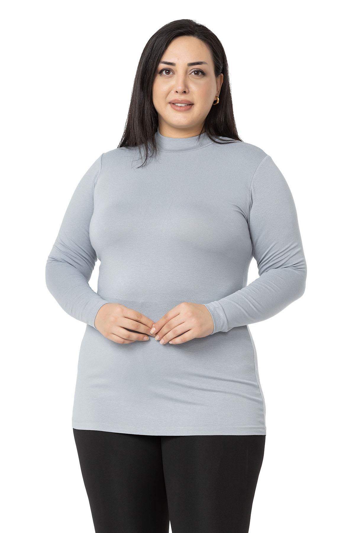 Büyük Beden Yarım Balıkçı Uzun Kollu Viskon Açık Gri Body