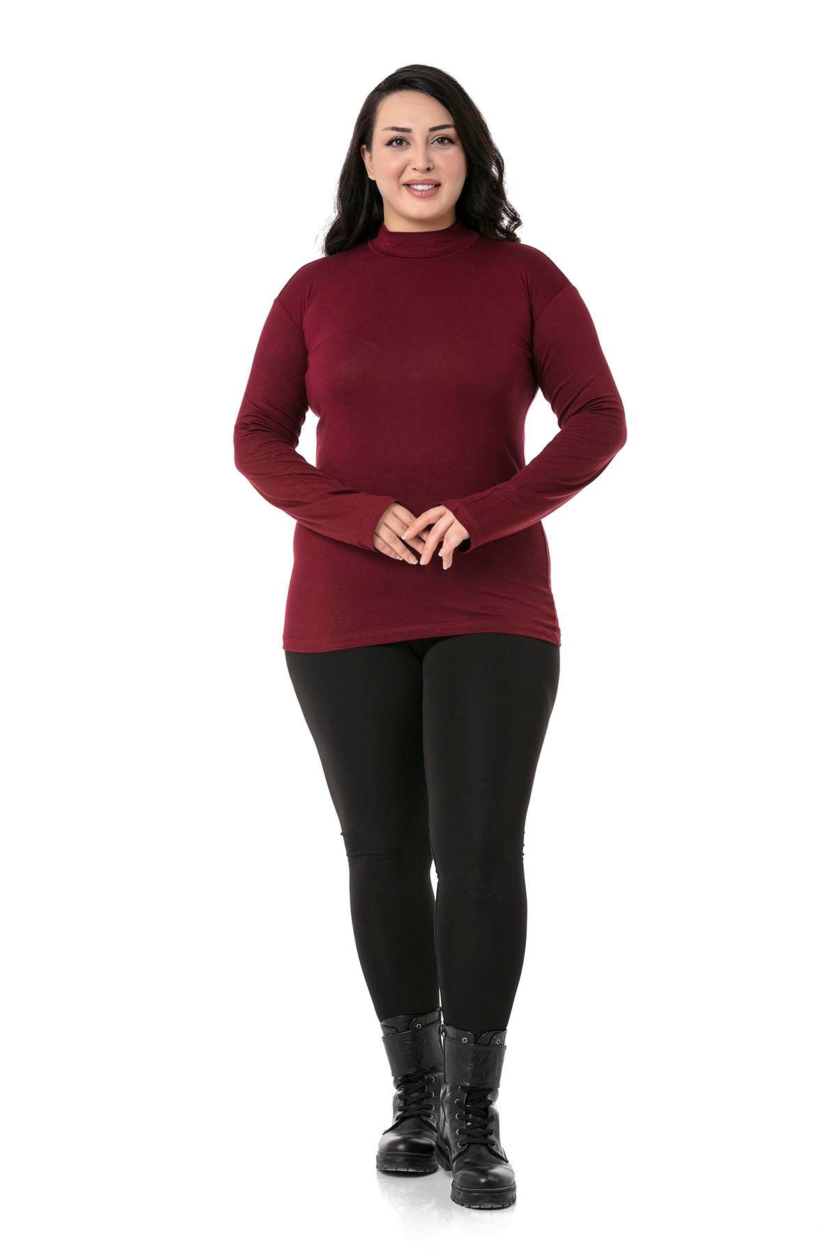 Büyük Beden Yarım Balıkçı Uzun Kollu Viskon Bordo Body