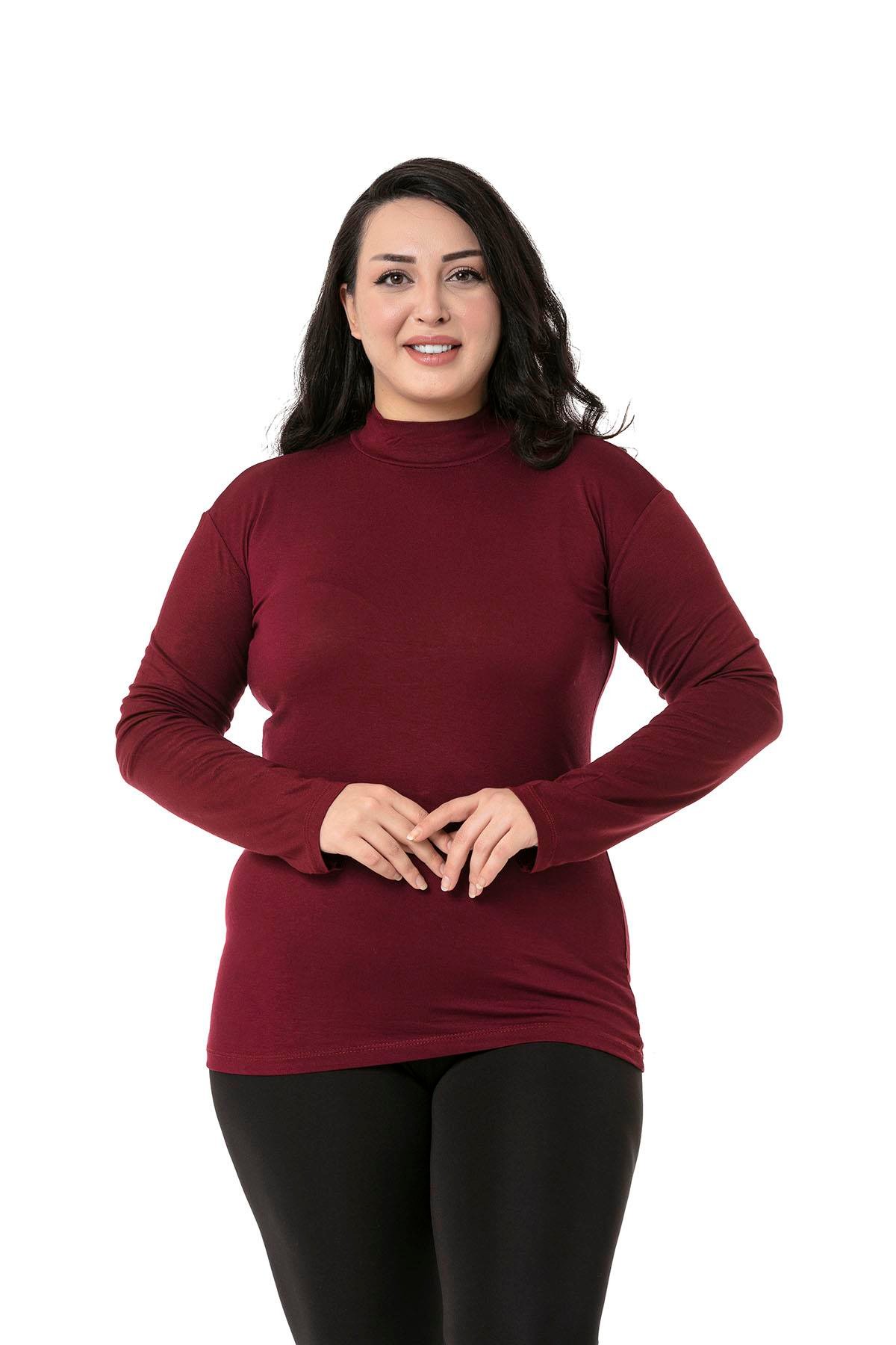 Büyük Beden Yarım Balıkçı Uzun Kollu Viskon Bordo Body