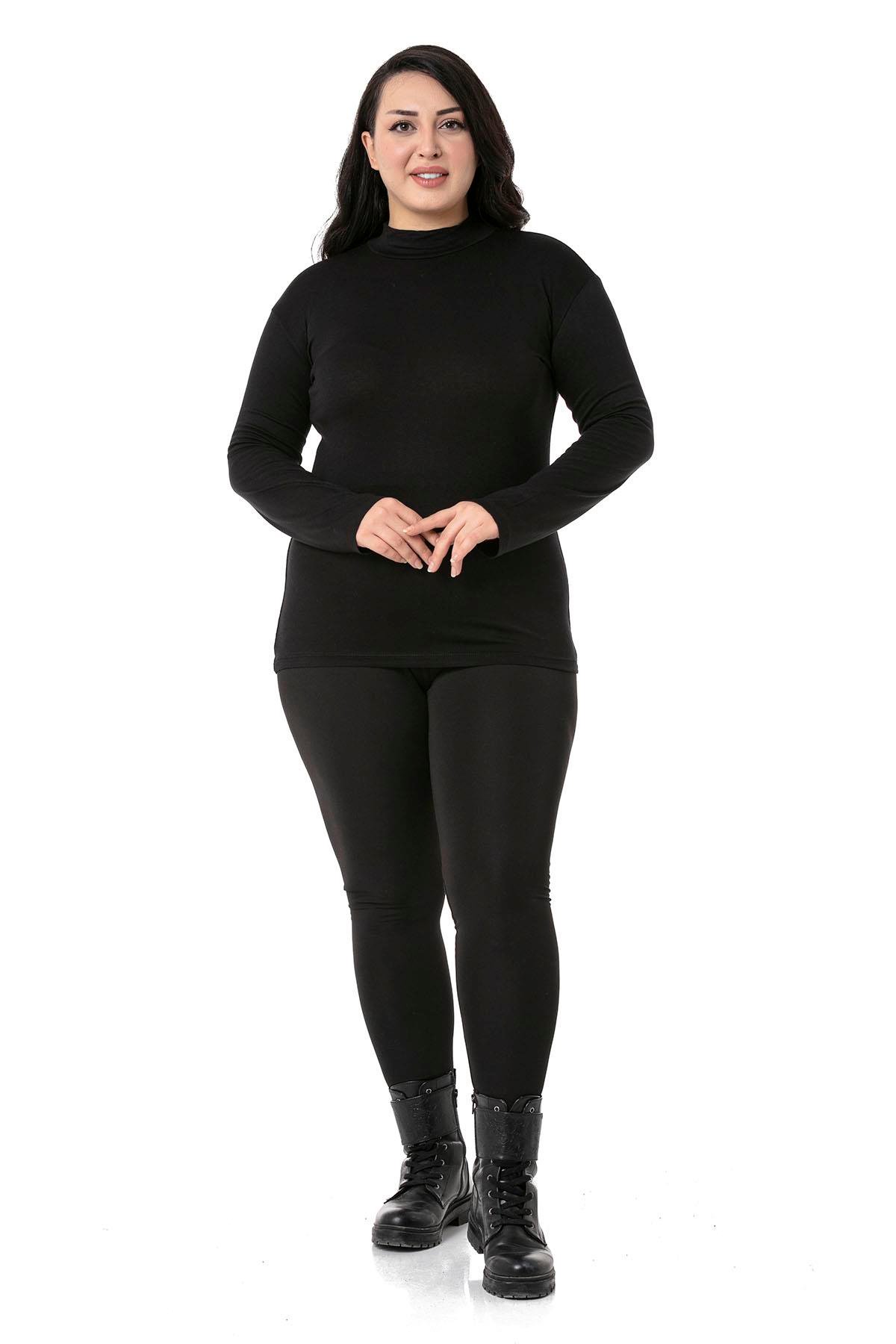 Büyük Beden Yarım Balıkçı Uzun Kollu Viskon Siyah Body