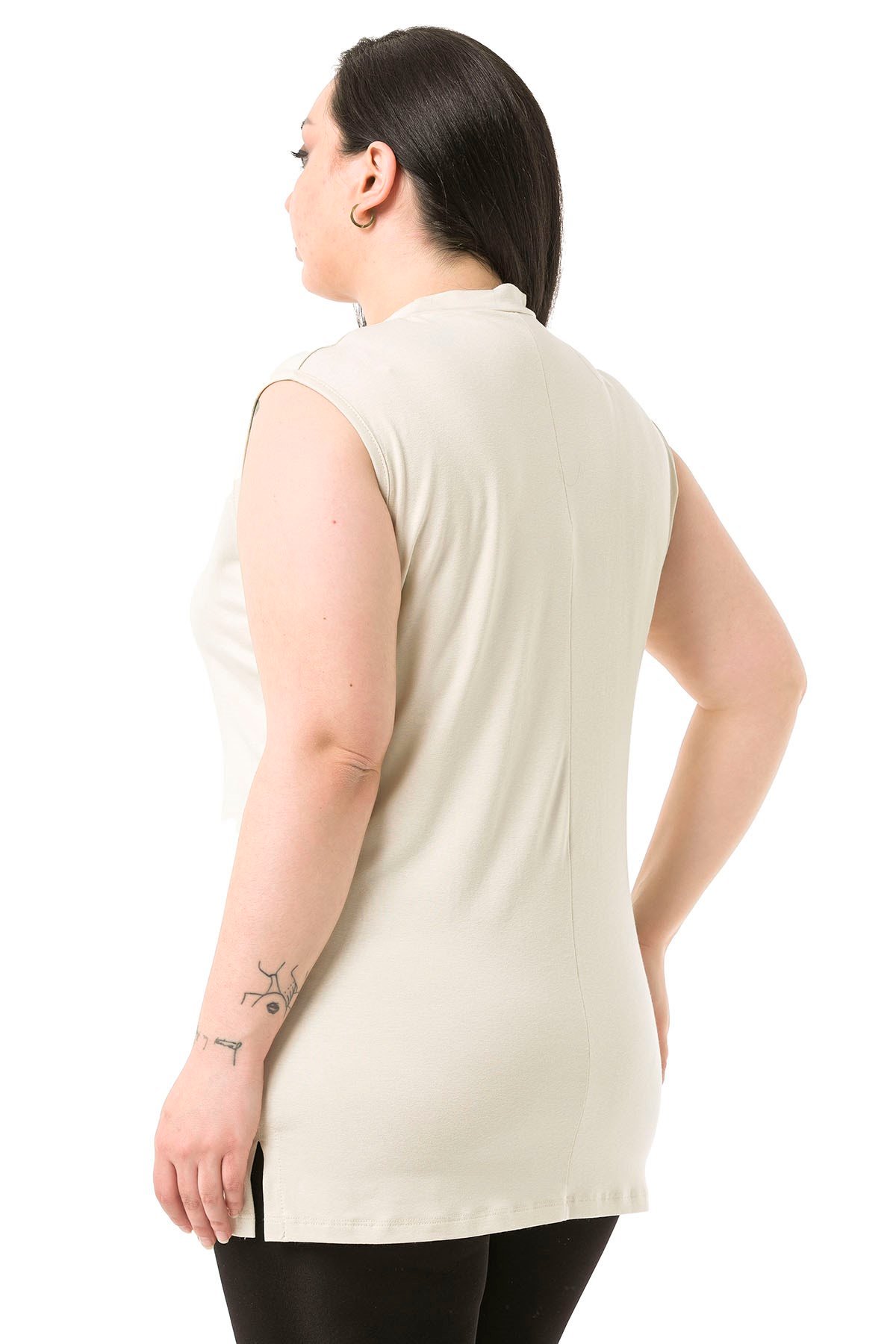 Büyük Beden Yarım Balıkçı Yanları Yırtmaçlı Uzun Viskon Bej Body