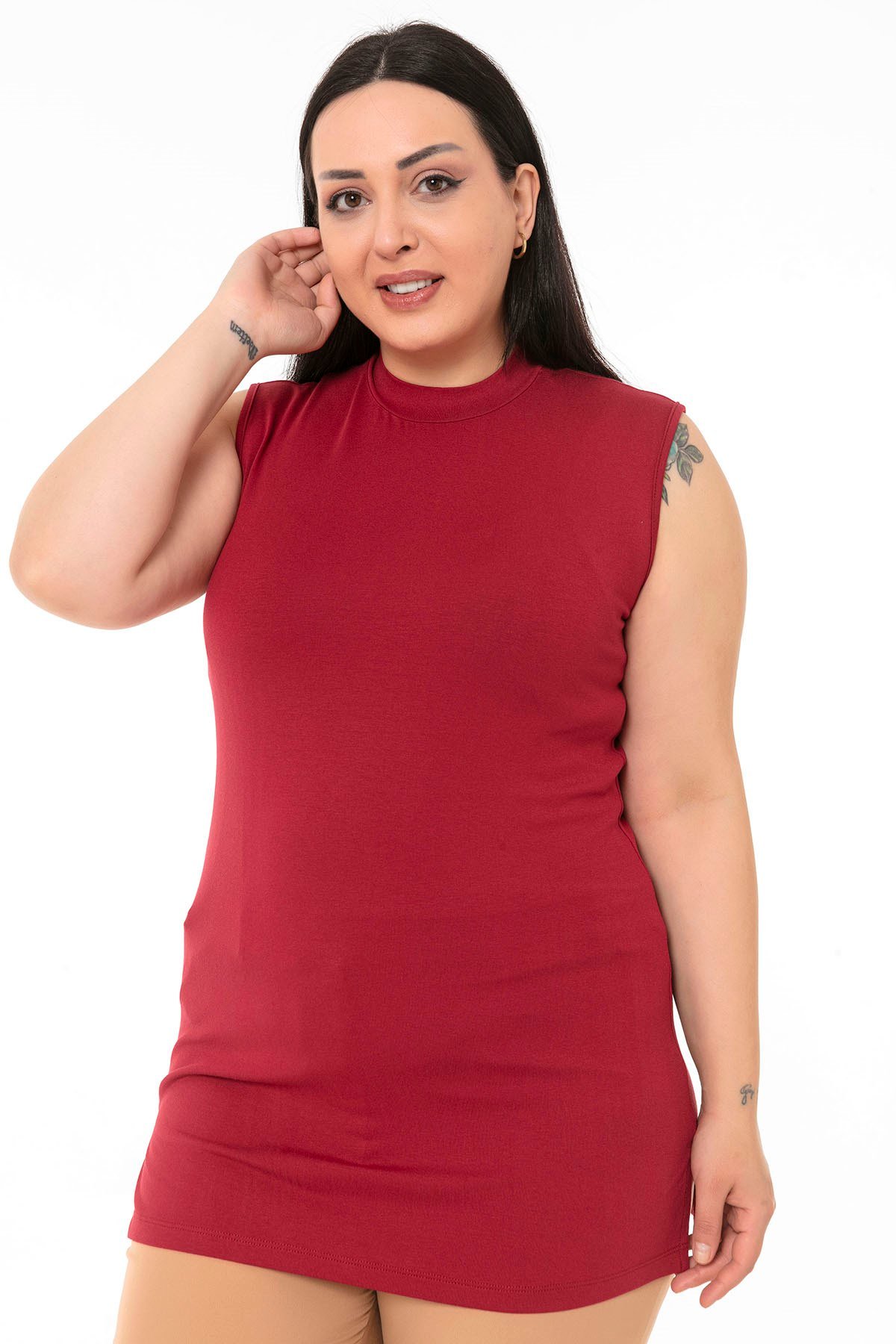 Büyük Beden Yarım Balıkçı Yanları Yırtmaçlı Uzun Viskon Bordo Body