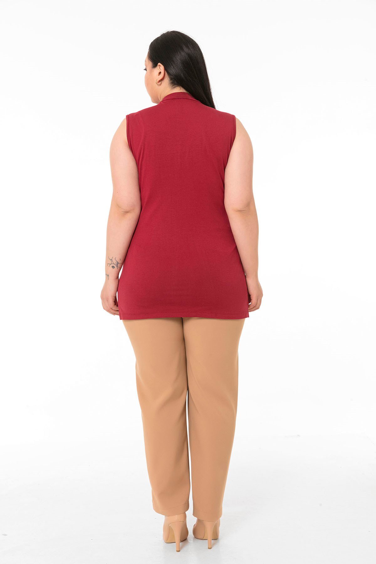 Büyük Beden Yarım Balıkçı Yanları Yırtmaçlı Uzun Viskon Bordo Body