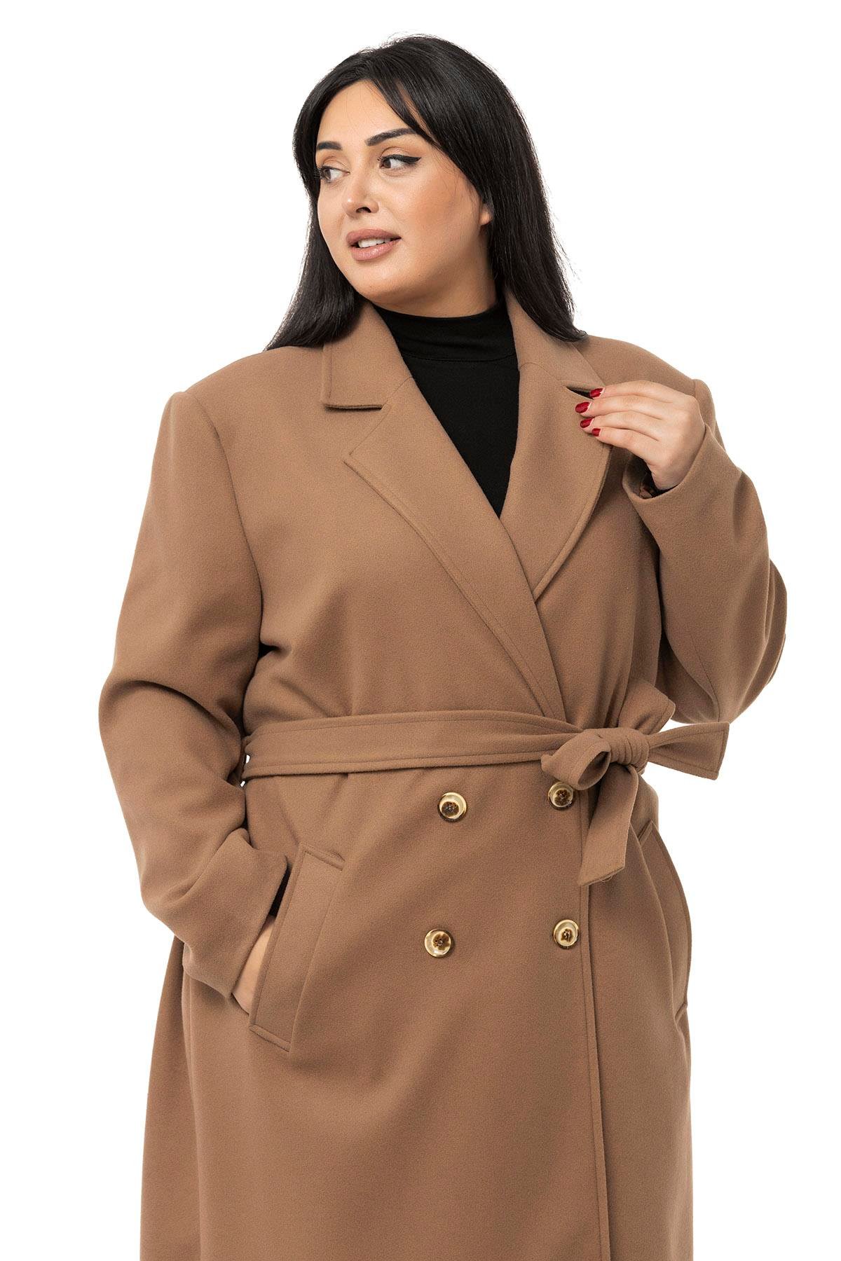 DISENTIS,BÜYÜK BEDEN, BIG SIZE,KABAN, ASTARLI KABAN,KAŞEDISENTIS MODESTBüyük Beden Yırtmaçlı Uzun Astarlı Vizon Kaşe Kaban