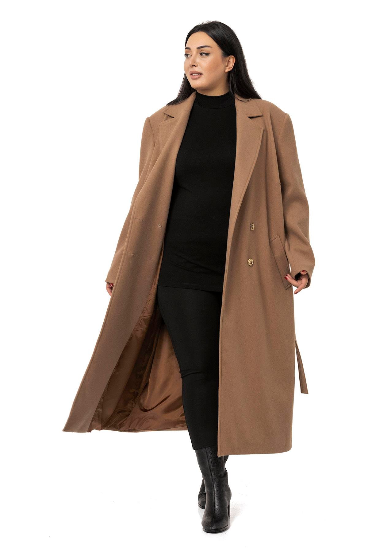 DISENTIS,BÜYÜK BEDEN, BIG SIZE,KABAN, ASTARLI KABAN,KAŞEDISENTIS MODESTBüyük Beden Yırtmaçlı Uzun Astarlı Vizon Kaşe Kaban