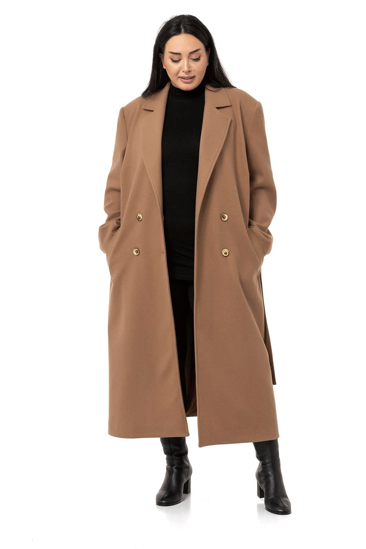 DISENTIS,BÜYÜK BEDEN, BIG SIZE,KABAN, ASTARLI KABAN,KAŞEDISENTIS MODESTBüyük Beden Yırtmaçlı Uzun Astarlı Vizon Kaşe Kaban