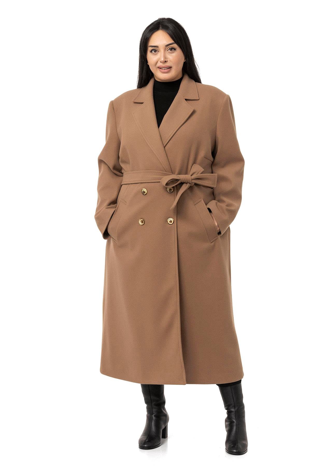 DISENTIS,BÜYÜK BEDEN, BIG SIZE,KABAN, ASTARLI KABAN,KAŞEDISENTIS MODESTBüyük Beden Yırtmaçlı Uzun Astarlı Vizon Kaşe Kaban