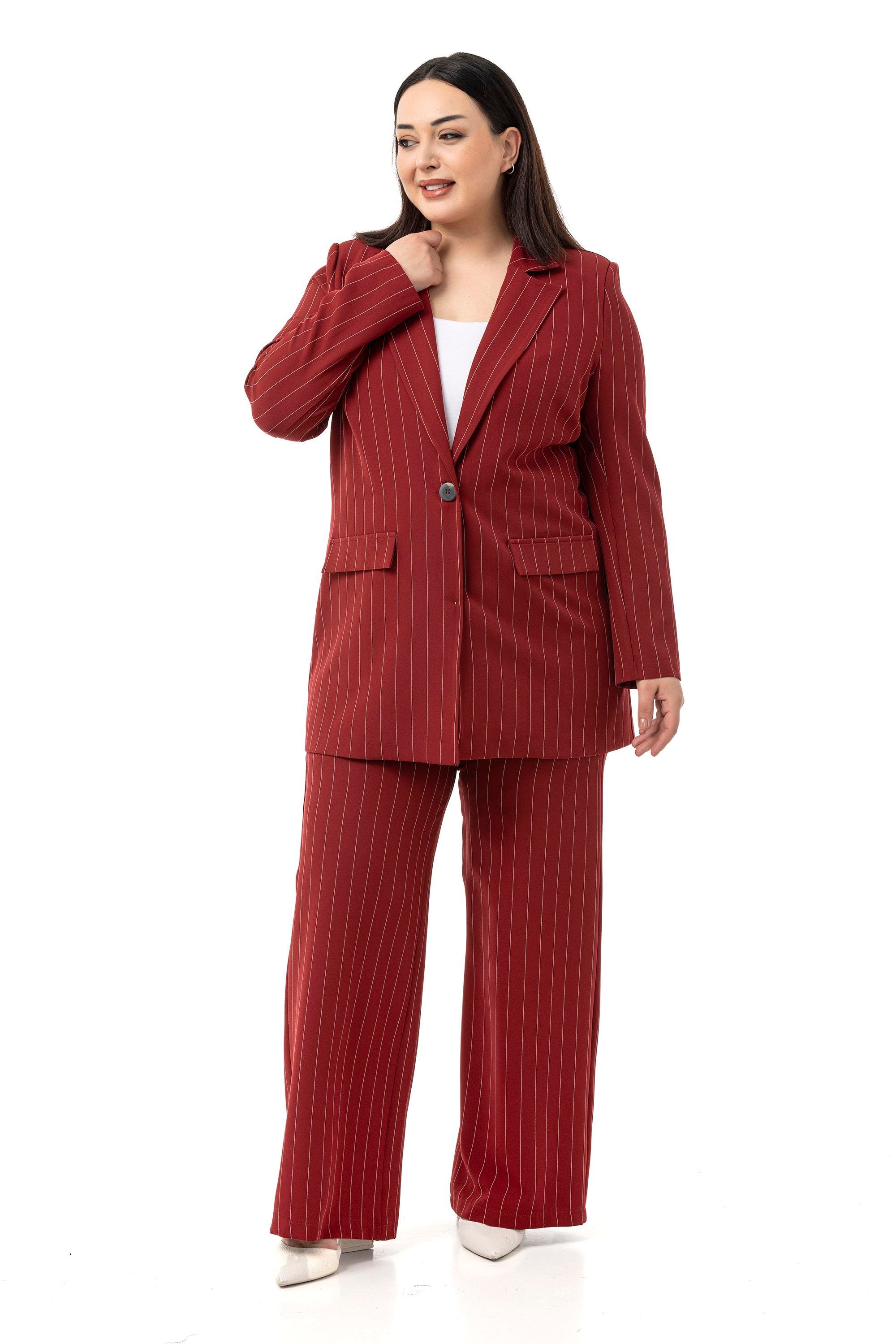 Jacket&Pants SetsDisentis Modest Büyük Beden Çizgili Bordo Ceket Pantolon İkili TakımDISENTIS MODESTBüyük Beden Çizgili Bordo Ceket Pantolon İkili Takım