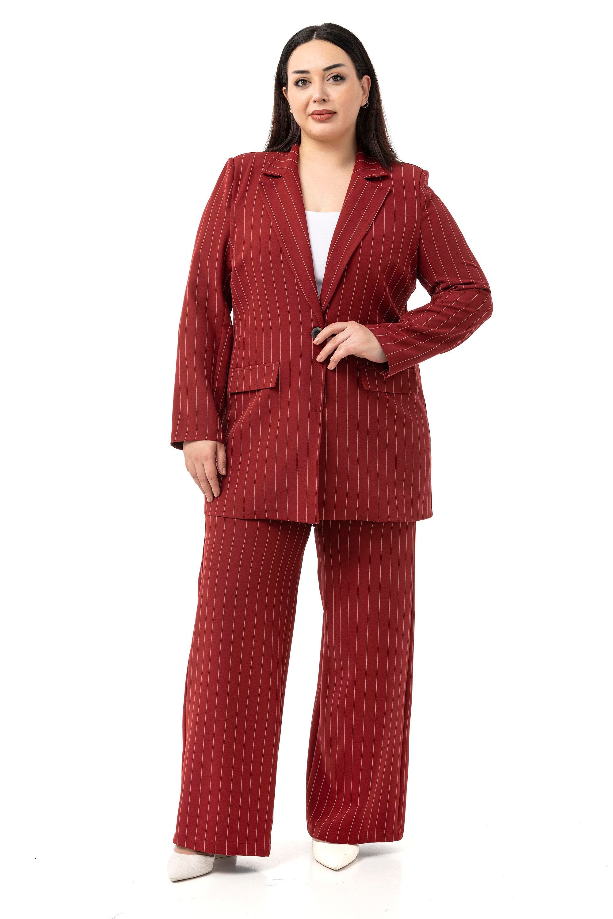 Jacket&Pants SetsDisentis Modest Büyük Beden Çizgili Bordo Ceket Pantolon İkili TakımDISENTIS MODESTBüyük Beden Çizgili Bordo Ceket Pantolon İkili Takım