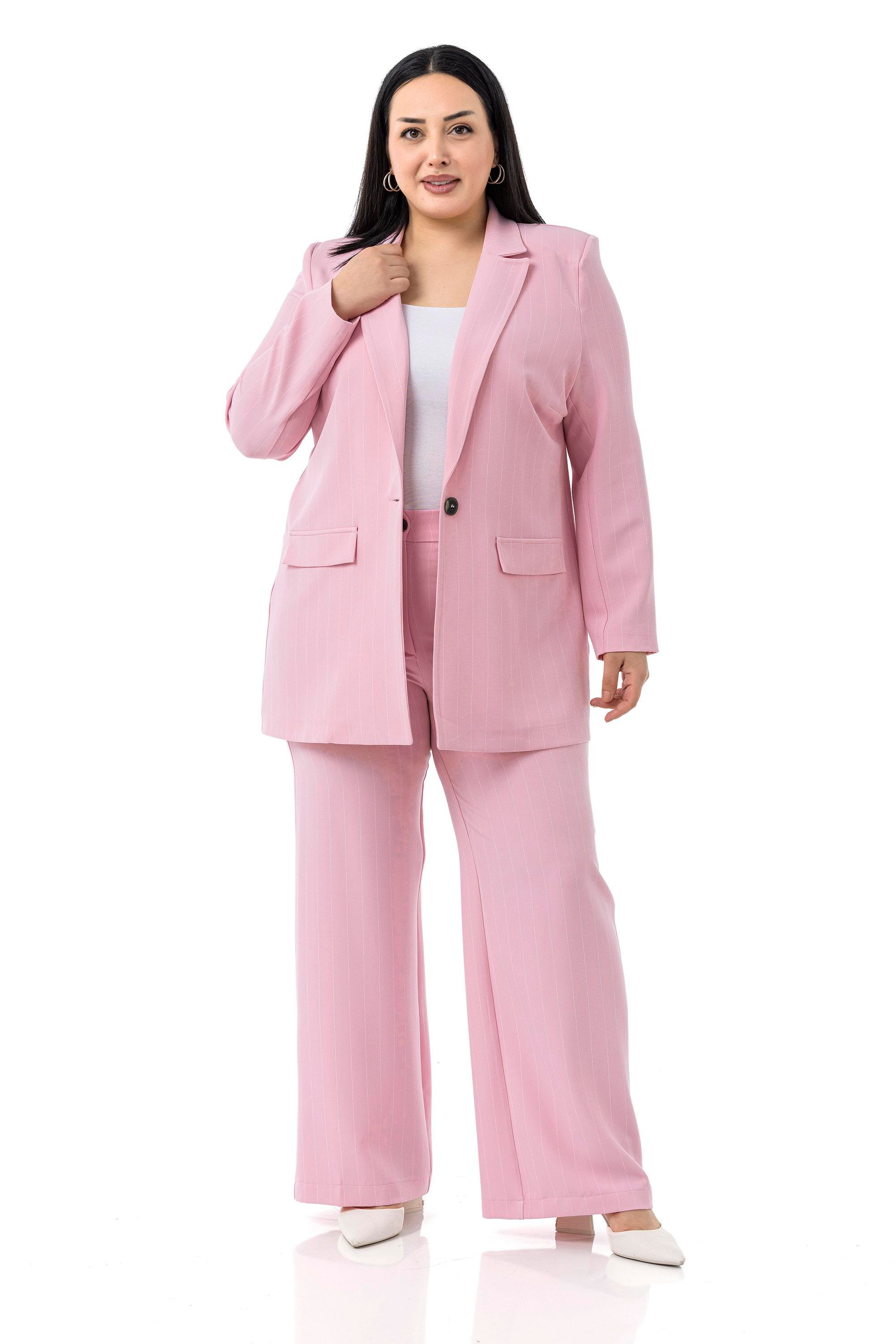 Jacket&Pants SetsDisentis Modest Büyük Beden Çizgili Pembe Ceket Pantolon İkili TakımDISENTIS MODESTBüyük Beden Çizgili Pembe Ceket Pantolon İkili Takım