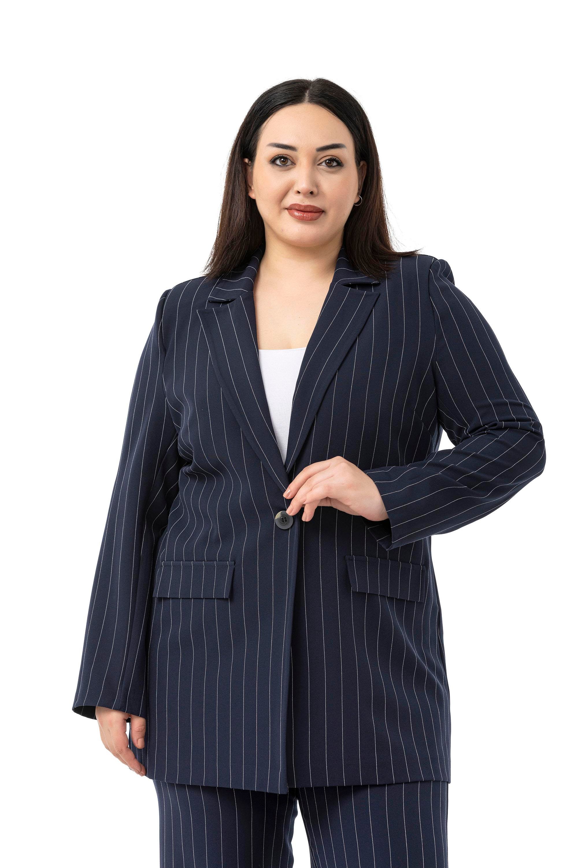 Ceket | Pantolon TakımlarDisentis Modest Büyük Beden Çizgili Lacivert Ceket Pantolon İkili TakımdisentisBüyük Beden Çizgili Lacivert Ceket Pantolon İkili Takım