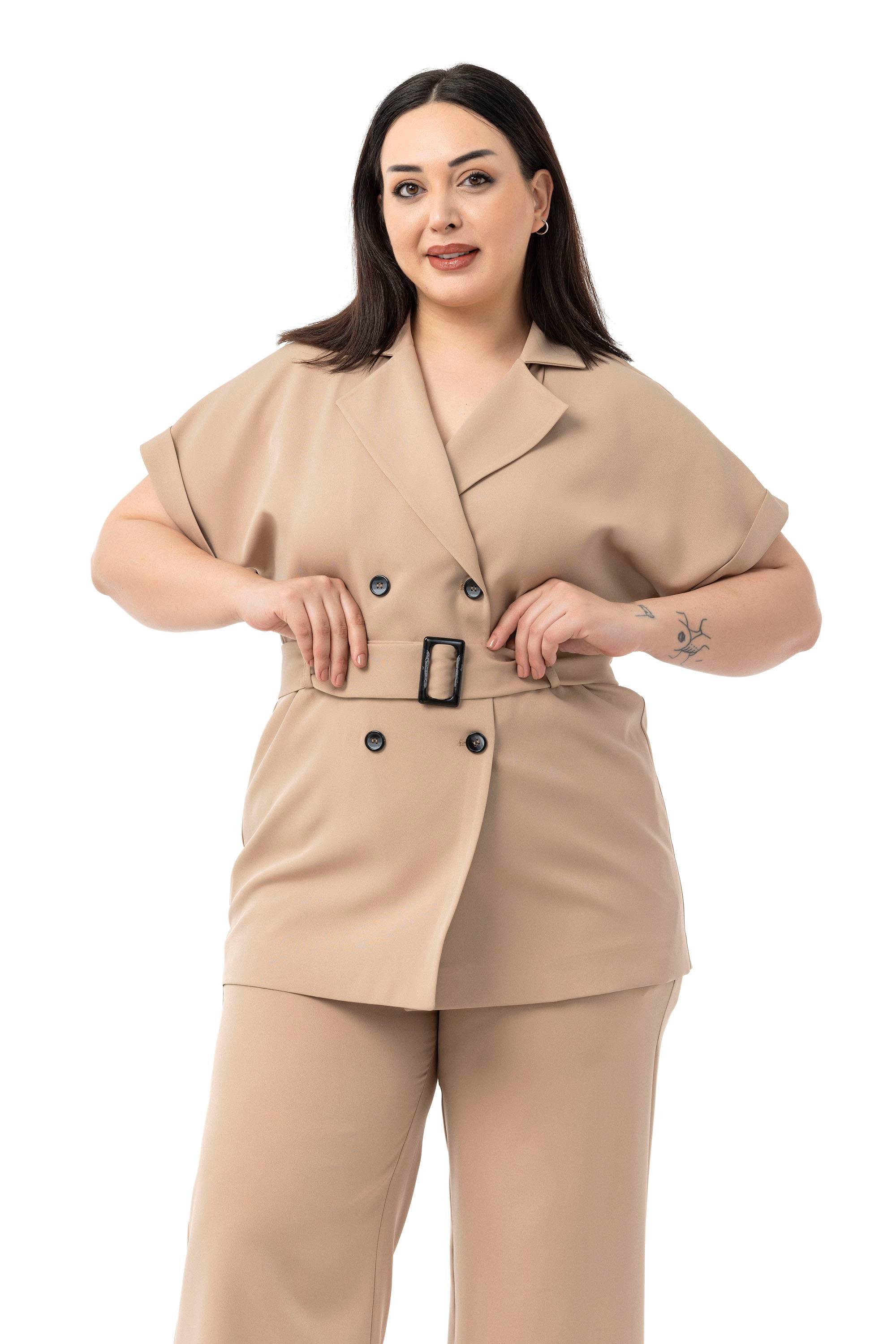 Ceket | Pantolon TakımlarDisentis Modest Kruvaze Kemerli Yarım Kollu Vizon Ceket Pantolon İkili TakımDISENTIS MODESTBüyük Beden Kruvaze Kemerli Yarım Kollu Vizon Ceket Pantolon İkili Takım