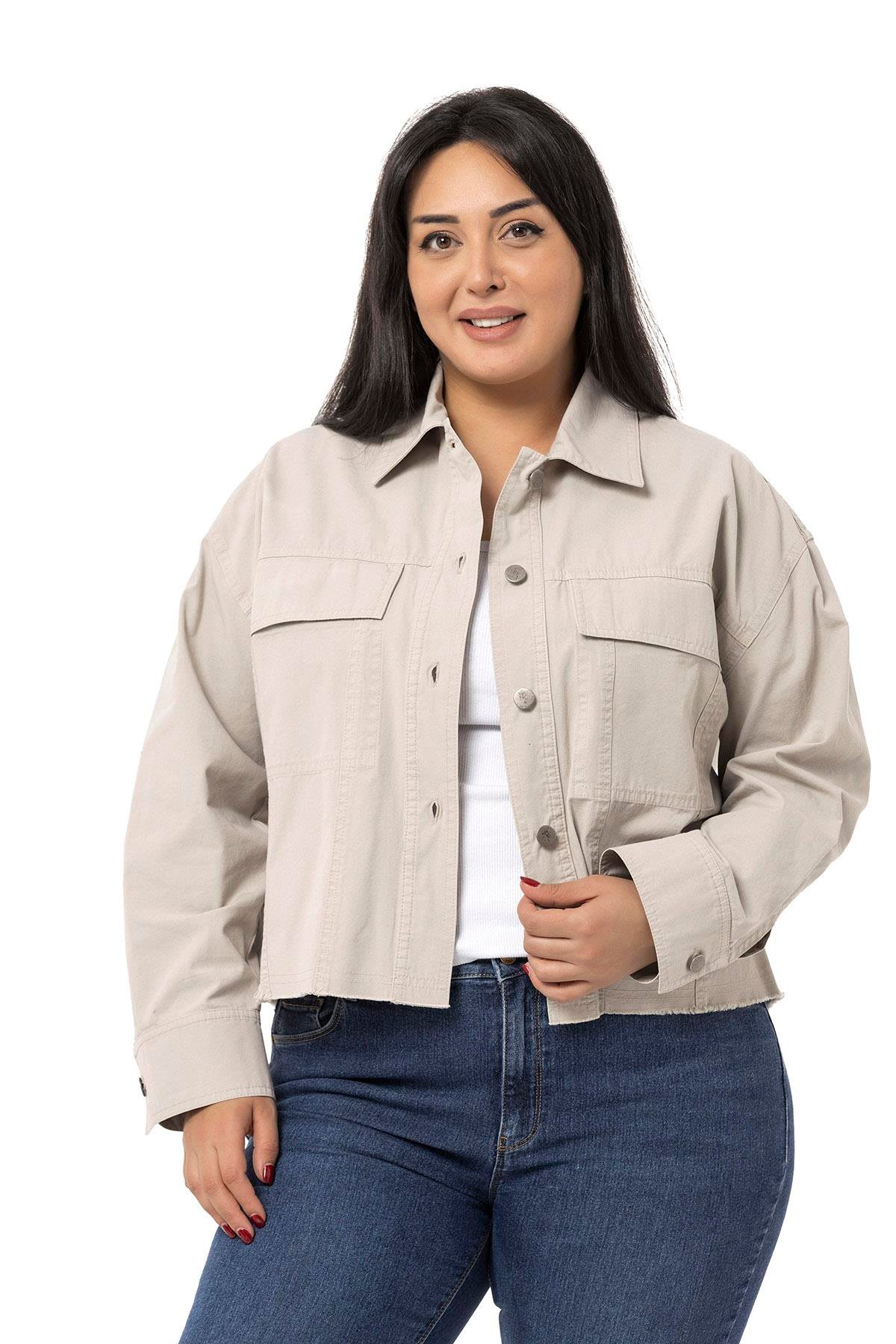 CeketDISENTIS BUYUK BEDEN CEKET BIG SIZE GENC BUYUK BEDENDISENTIS MODESTBüyük Beden Kapaklı Cepli Eteği Pis Dikişli Taş Rengi Ceket