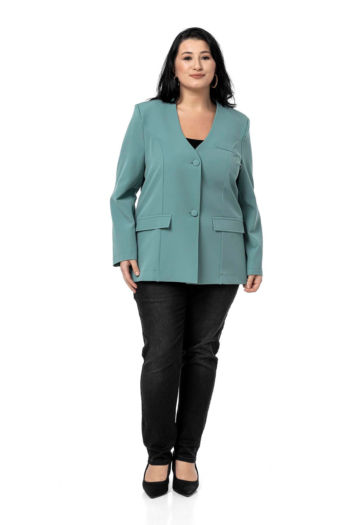 CeketDisentis Modest Büyük Beden Kaplama Düğmeli Süs Cep Kapaklı Vatkalı Mint Yeşili CeketDISENTIS MODESTBüyük Beden Kaplama Düğmeli Süs Cep Kapaklı Vatkalı Mint Yeşili Ceket