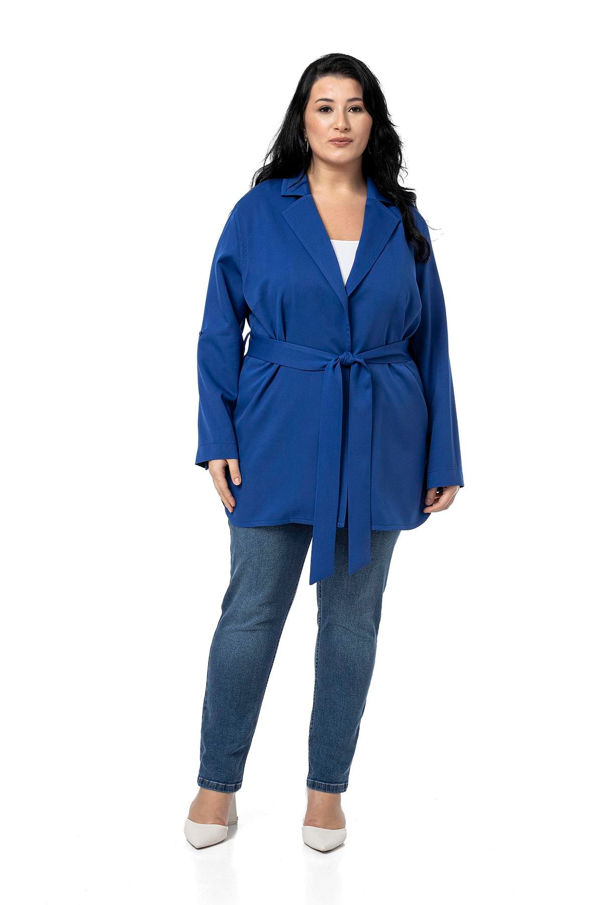 CeketDisentis Modest Büyük Beden Katlamalı Kollu Kuşaklı Astarsız Uzun Saks Mavi CeketDISENTIS MODESTBüyük Beden Katlamalı Kollu Kuşaklı Astarsız Uzun Saks Mavi Ceket