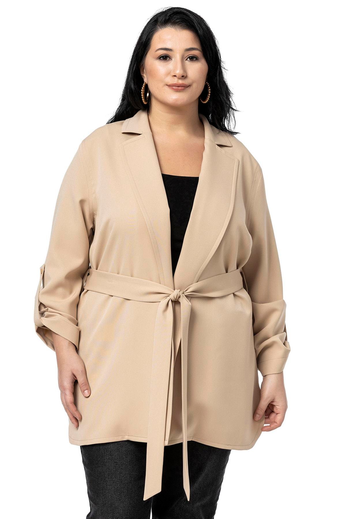 CeketDisentis Modest Büyük Beden Katlamalı Kollu Kuşaklı Astarsız Uzun Bej Rengi CeketDISENTIS MODESTBüyük Beden Katlamalı Kollu Kuşaklı Astarsız Uzun Bej Rengi Ceket