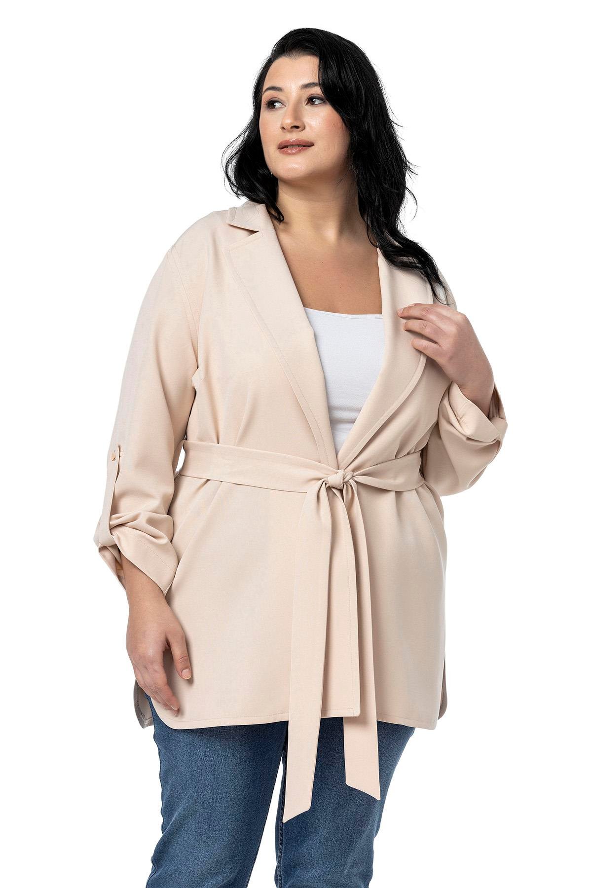 CeketDisentis Modest Büyük Beden Katlamalı Kollu Kuşaklı Astarsız Uzun Açık Bej Rengi CeketDISENTIS MODESTBüyük Beden Katlamalı Kollu Kuşaklı Astarsız Uzun Açık Bej Rengi Ceket