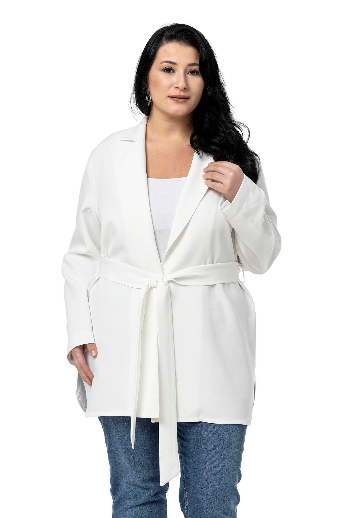 CeketDisentis Modest Büyük Beden Katlamalı Kollu Kuşaklı Astarsız Uzun Beyaz CeketDISENTIS MODESTBüyük Beden Katlamalı Kollu Kuşaklı Astarsız Uzun Beyaz Ceket