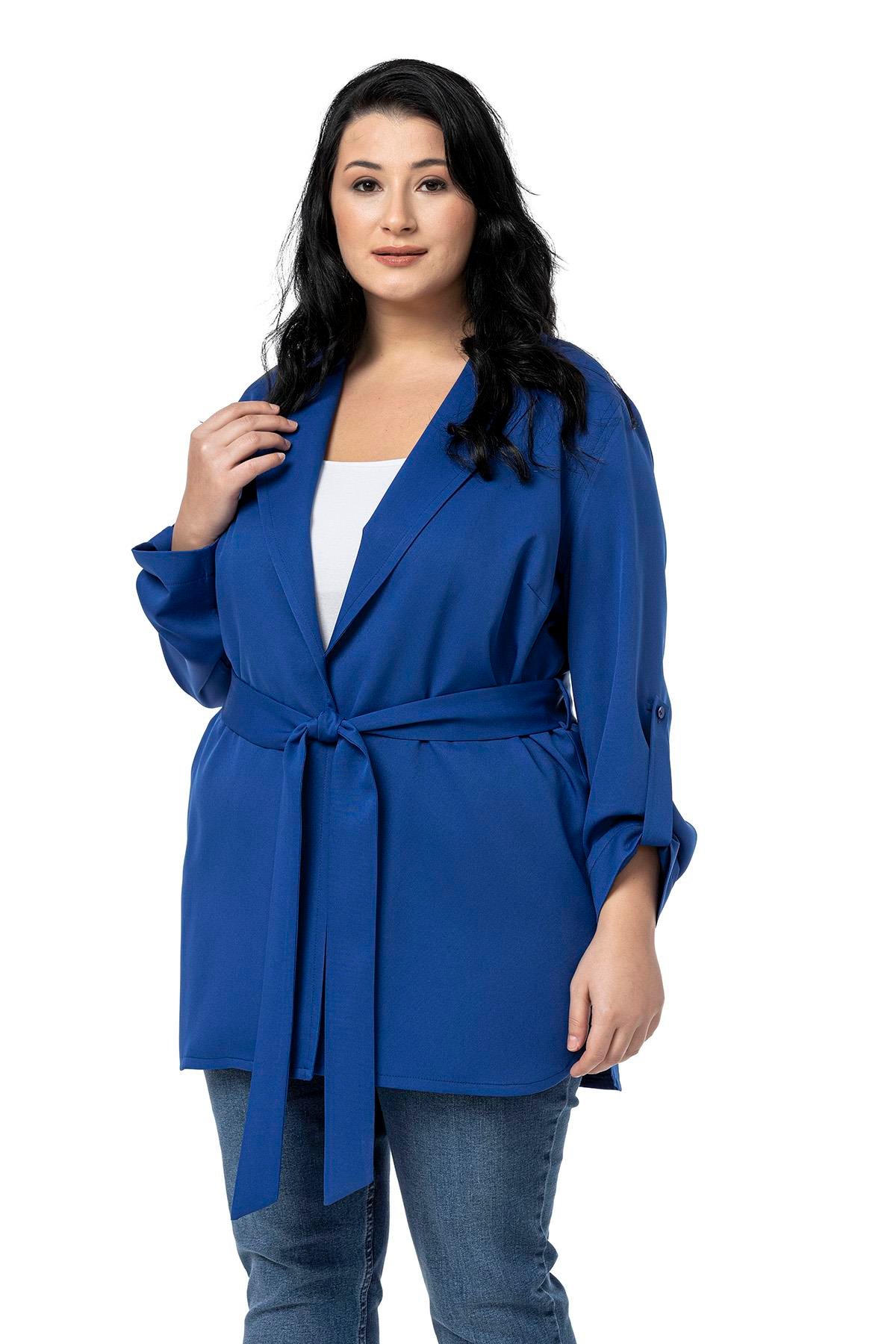 CeketDisentis Modest Büyük Beden Katlamalı Kollu Kuşaklı Astarsız Uzun Saks Mavi CeketDISENTIS MODESTBüyük Beden Katlamalı Kollu Kuşaklı Astarsız Uzun Saks Mavi Ceket