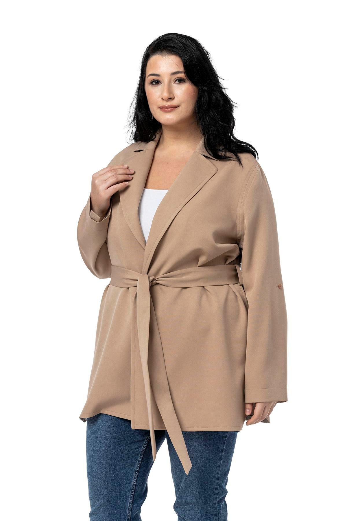 CeketDisentis Modest Büyük Beden Katlamalı Kollu Kuşaklı Astarsız Uzun Vizon CeketDISENTIS MODESTBüyük Beden Katlamalı Kollu Kuşaklı Astarsız Uzun Vizon Ceket