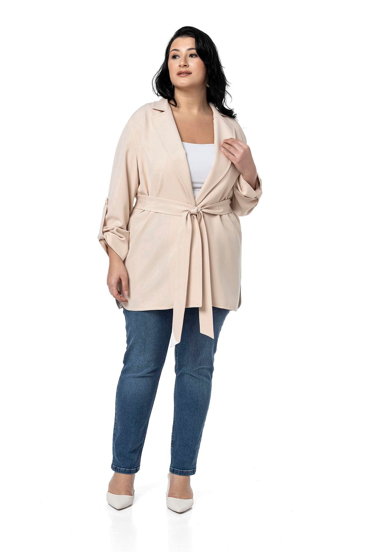 CeketDisentis Modest Büyük Beden Katlamalı Kollu Kuşaklı Astarsız Uzun Açık Bej Rengi CeketDISENTIS MODESTBüyük Beden Katlamalı Kollu Kuşaklı Astarsız Uzun Açık Bej Rengi Ceket