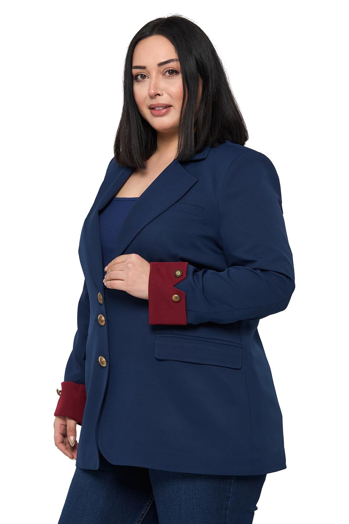 CeketDisentis Modest Büyük Beden Manşeti Kumaş Garnili Düğme Detaylı Astarlı Lacivert Bordo Blazer CeketDISENTIS MODESTBüyük Beden Manşeti Kumaş Garnili Düğme Detaylı Astarlı Lacivert Bordo Blazer Ceket