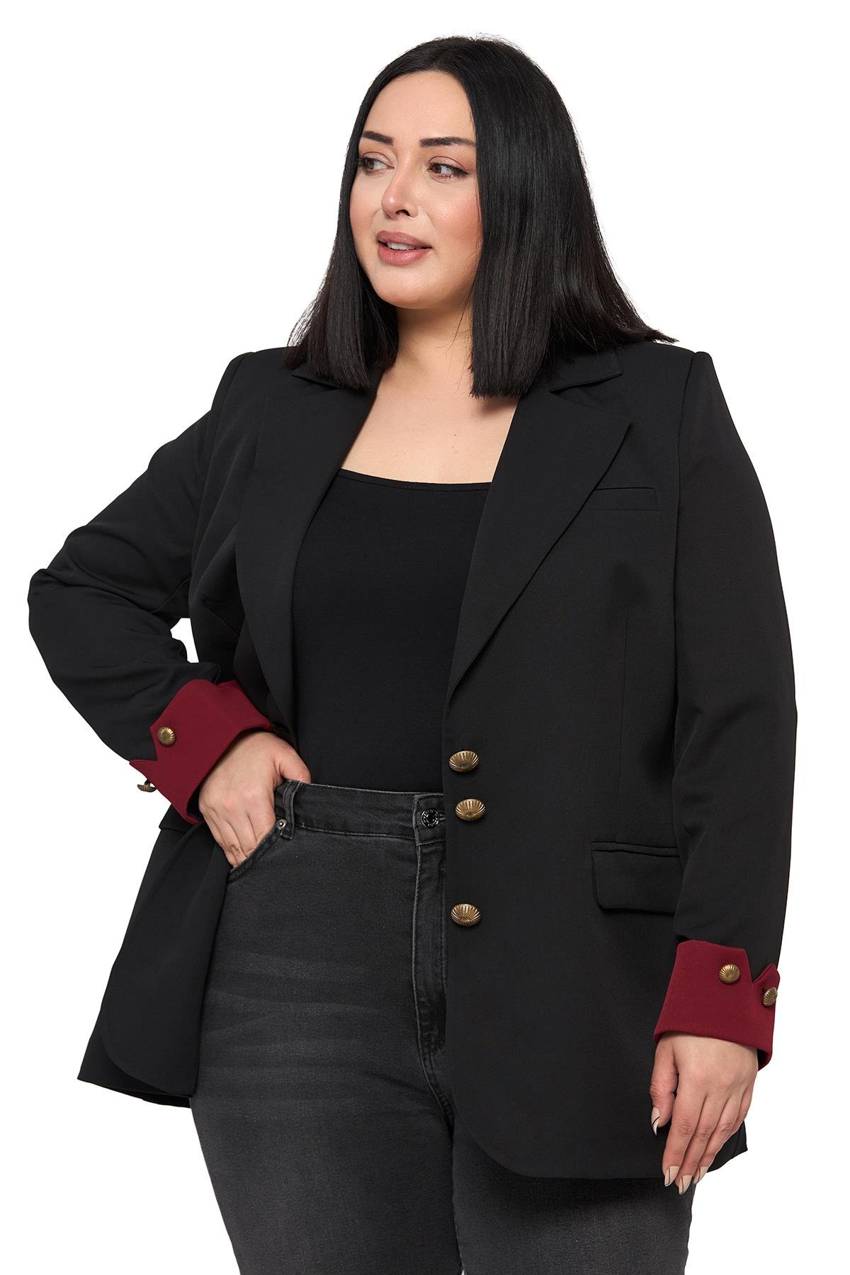 CeketDisentis Modest Büyük Beden Manşeti Kumaş Garnili Düğme Detaylı Astarlı Siyah Bordo Blazer CeketDISENTIS MODESTBüyük Beden Manşeti Kumaş Garnili Düğme Detaylı Astarlı Siyah Bordo Blazer Ceket