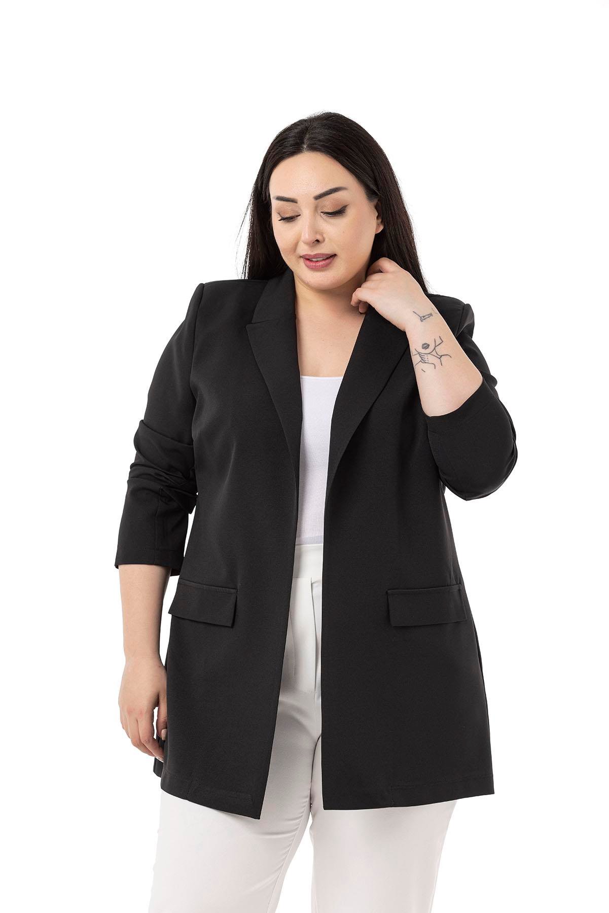 JacketsdisentisBüyük Beden Mono Yaka Süs Cep Kapaklı Siyah Astarsız Kadın Ceket