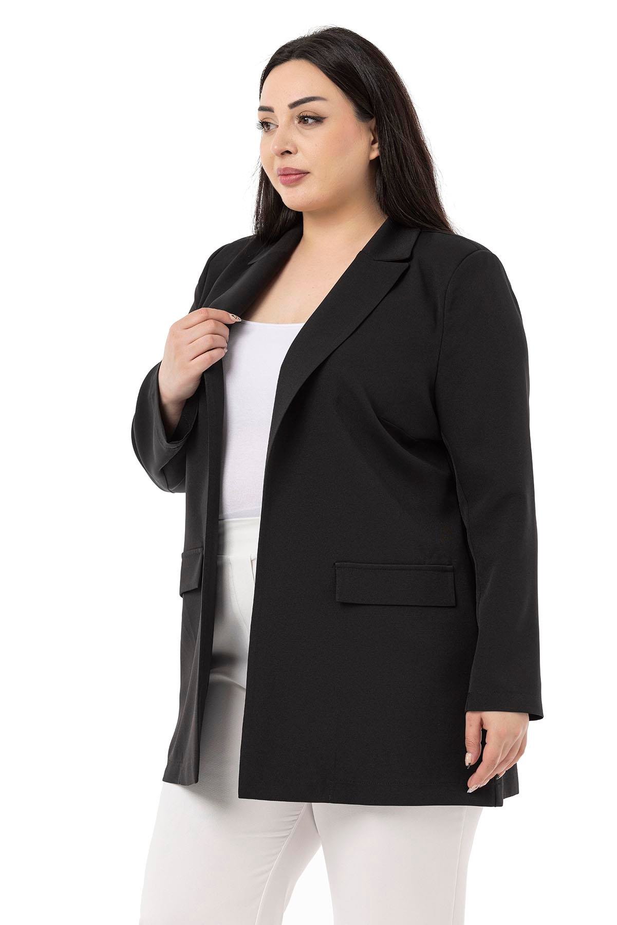 JacketsdisentisBüyük Beden Mono Yaka Süs Cep Kapaklı Siyah Astarsız Kadın Ceket