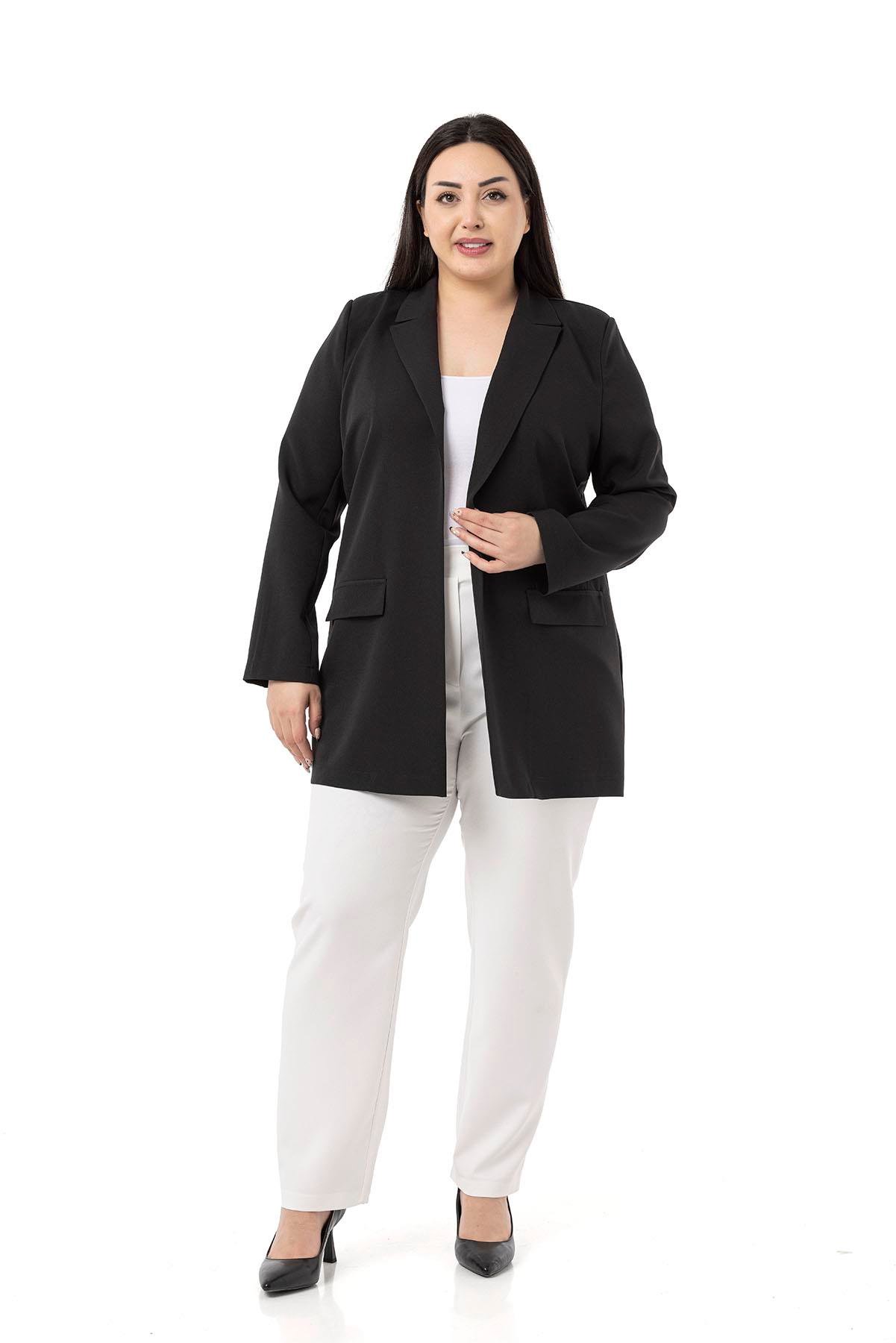 JacketsdisentisBüyük Beden Mono Yaka Süs Cep Kapaklı Siyah Astarsız Kadın Ceket