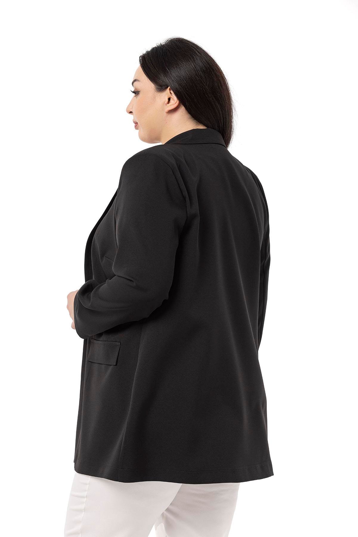JacketsdisentisBüyük Beden Mono Yaka Süs Cep Kapaklı Siyah Astarsız Kadın Ceket